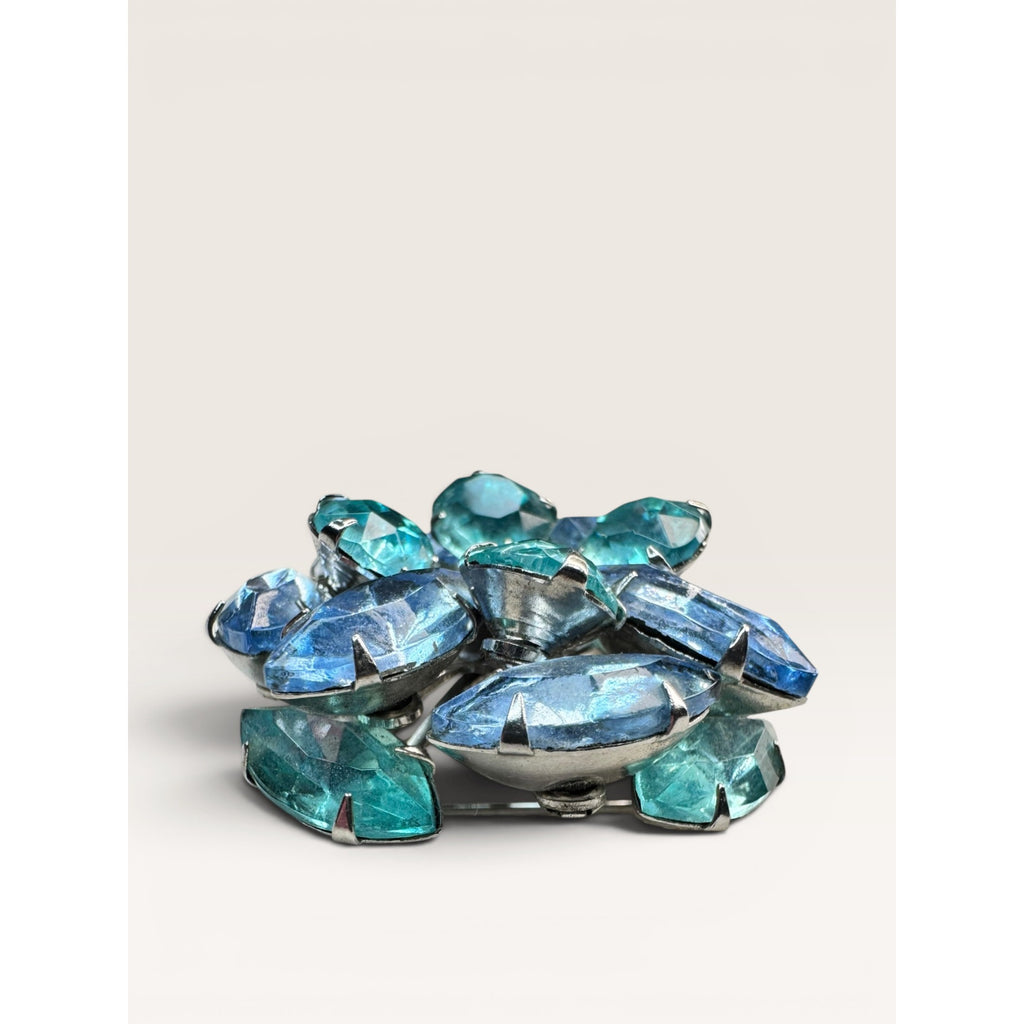 1950s Blue Glass Cluster Brooch Aqua UV Glow Uranium Glass Silver Tone Vintage