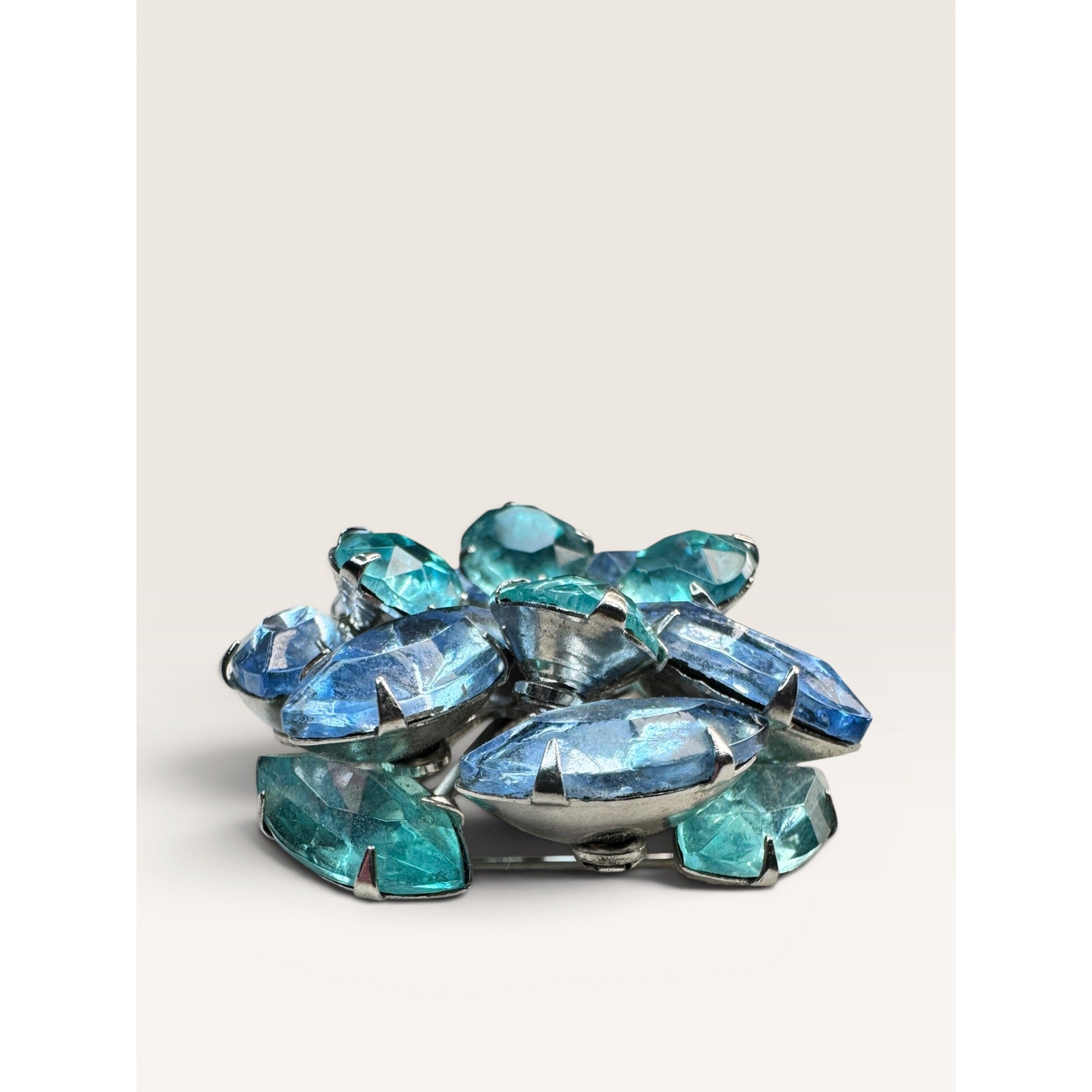 1950s Blue Glass Cluster Brooch Aqua UV Glow Uranium Glass Silver Tone Vintage