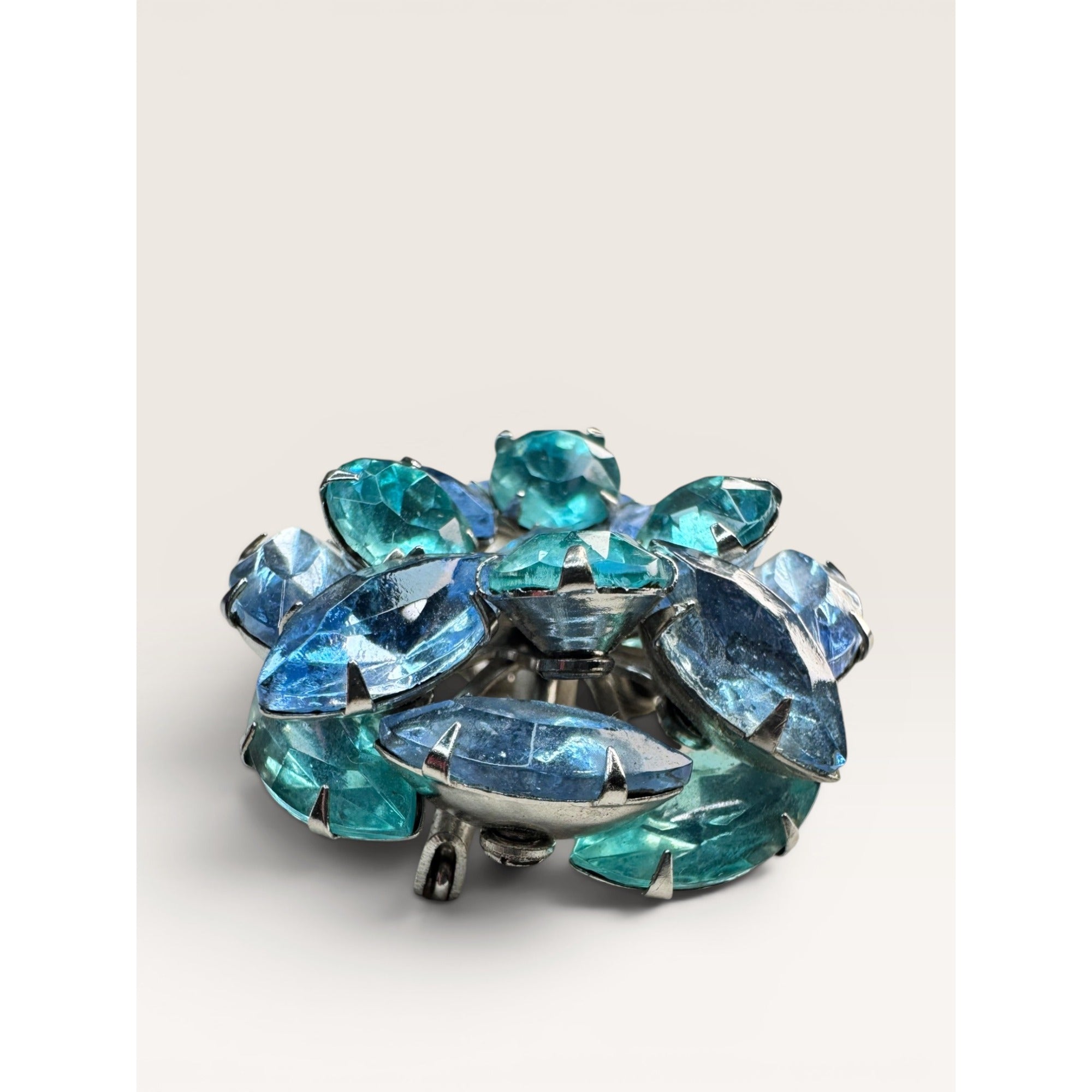 1950s Blue Glass Cluster Brooch Aqua UV Glow Uranium Glass Silver Tone Vintage