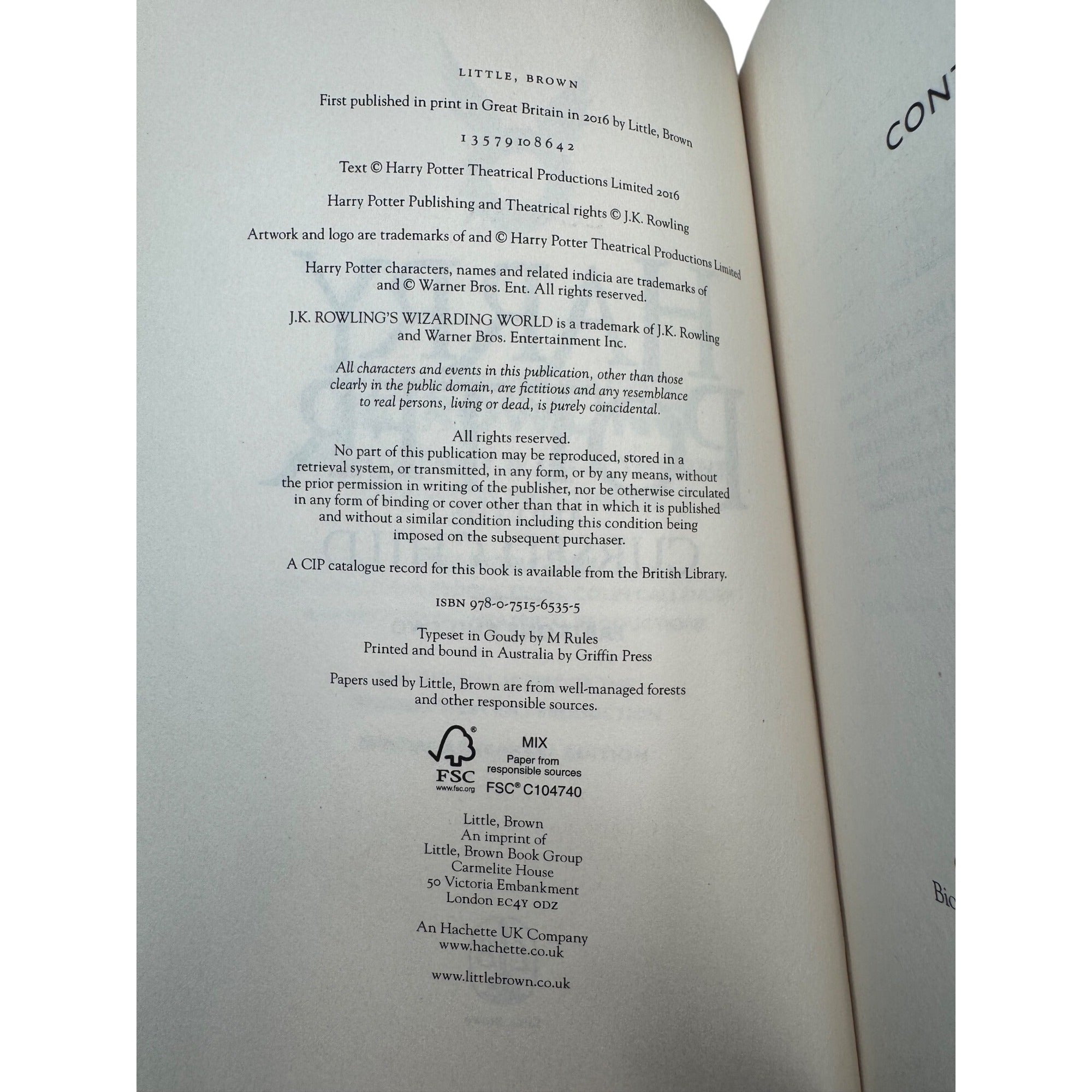 Harry Potter and the Cursed Child Parts One and Two J.K. Rowling 2016 Hardcover Script