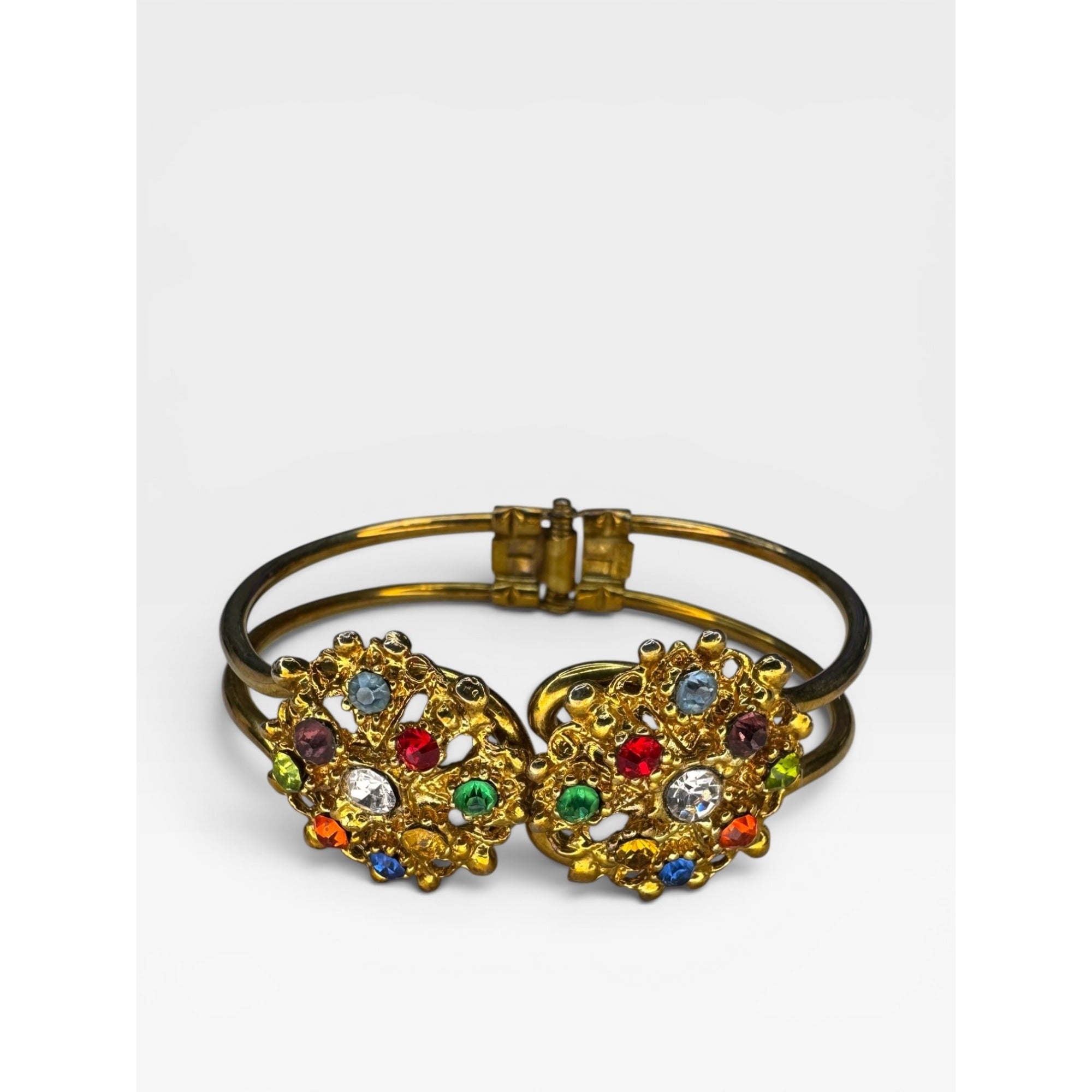 Multi Color Crystal Clamper Bracelet Gold Tone Rhinestone Vintage 7"