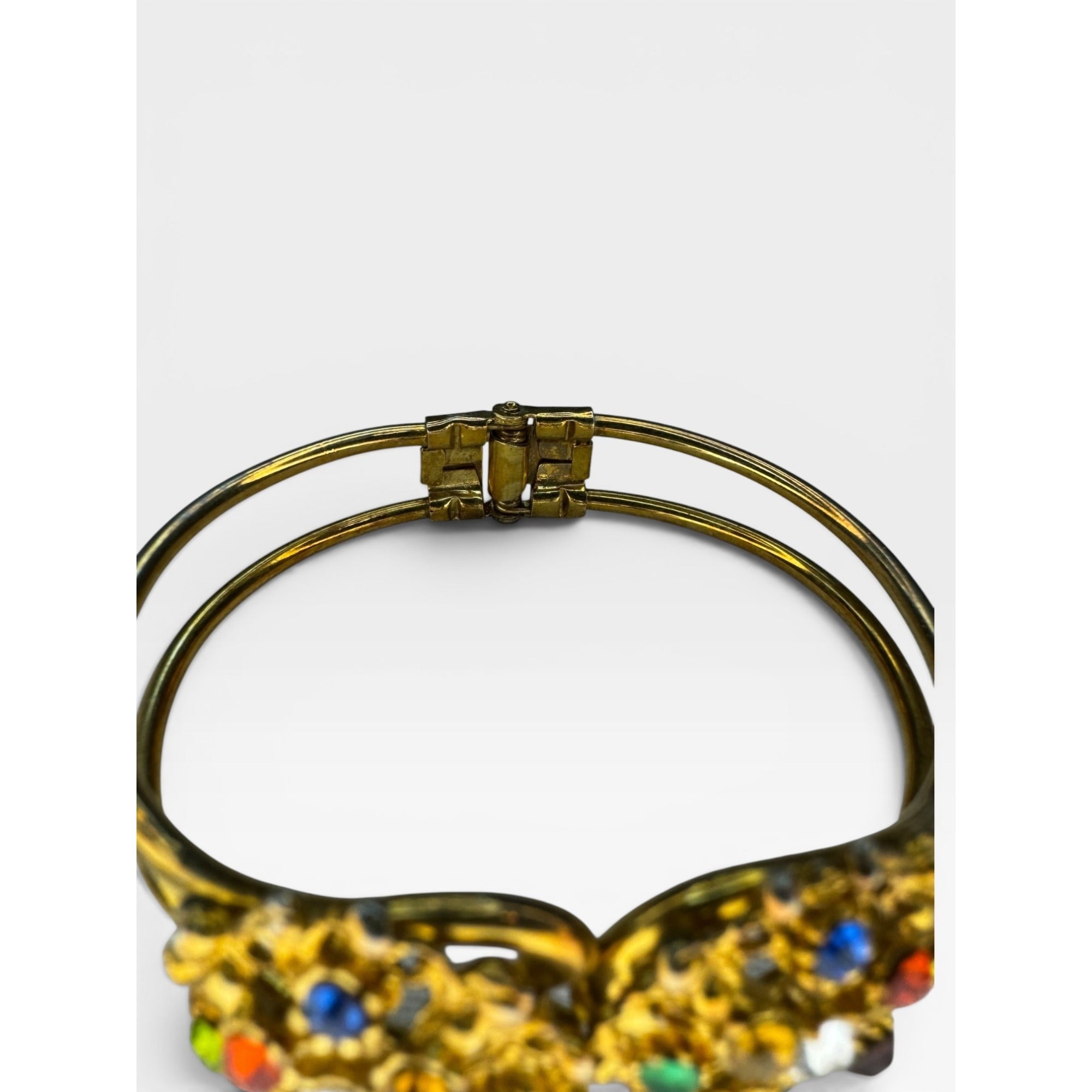 Multi Color Crystal Clamper Bracelet Gold Tone Rhinestone Vintage 7"