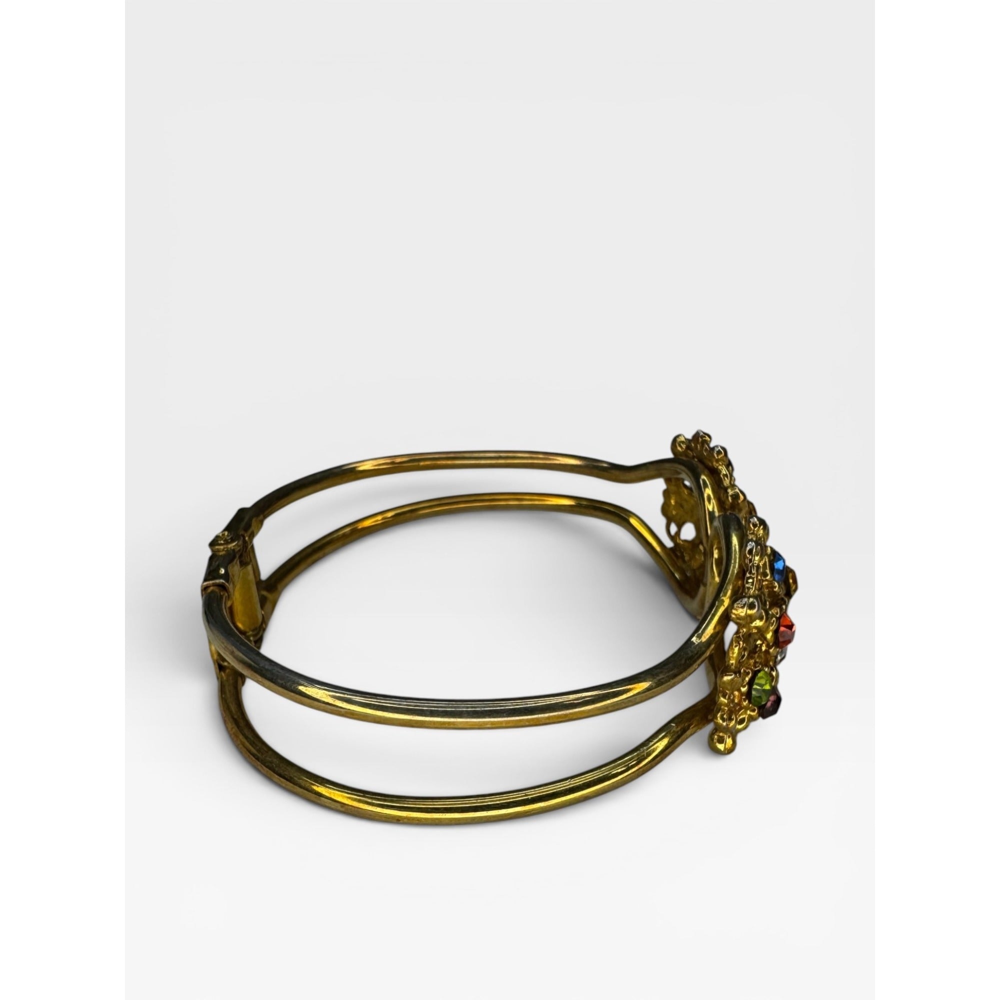 Multi Color Crystal Clamper Bracelet Gold Tone Rhinestone Vintage 7"