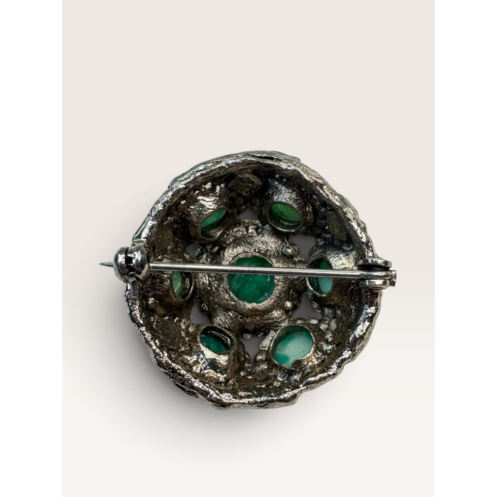 1960s Green Mottled Peking Glass Cabochon Silver Tone Dome Brooch 1.11" Vintage