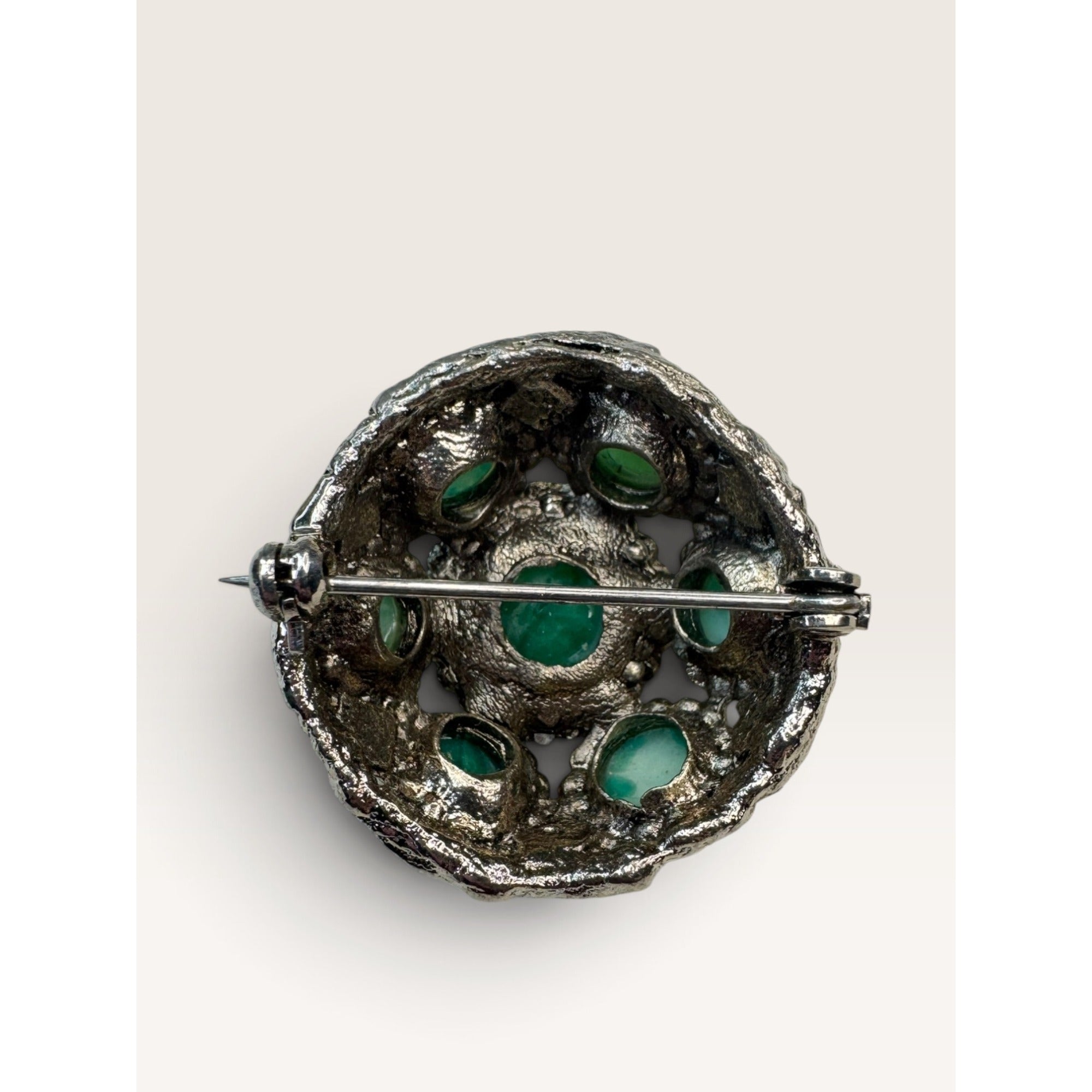 1960s Green Mottled Peking Glass Cabochon Silver Tone Dome Brooch 1.11" Vintage