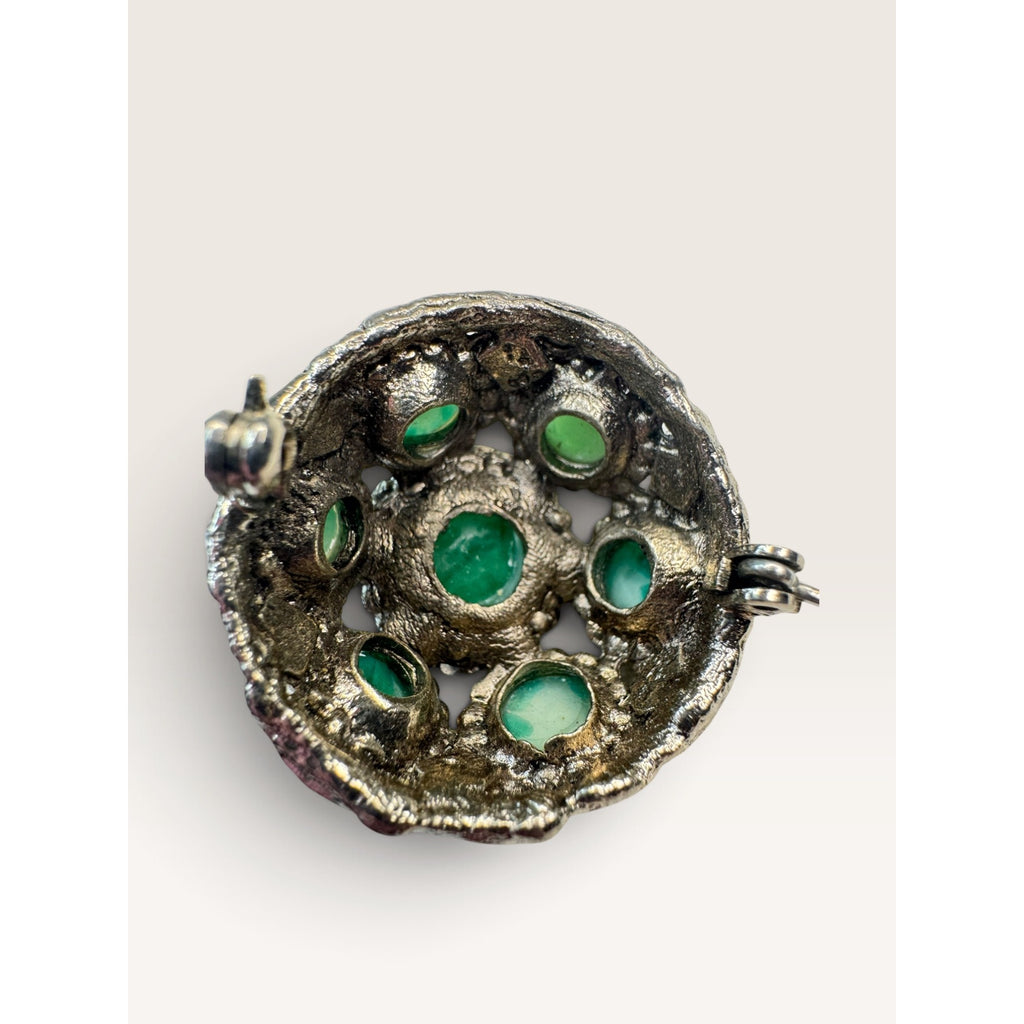 1960s Green Mottled Peking Glass Cabochon Silver Tone Dome Brooch 1.11" Vintage