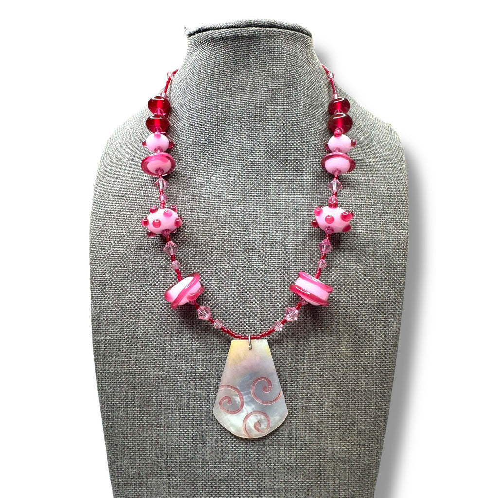 Sterling Silver Pink Red Beaded Necklace Mother Of Pearl Pendant 16.5"