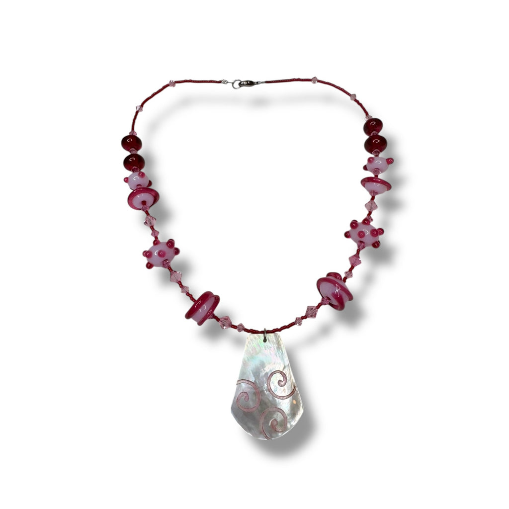Sterling Silver Pink Red Beaded Necklace Mother Of Pearl Pendant 16.5"
