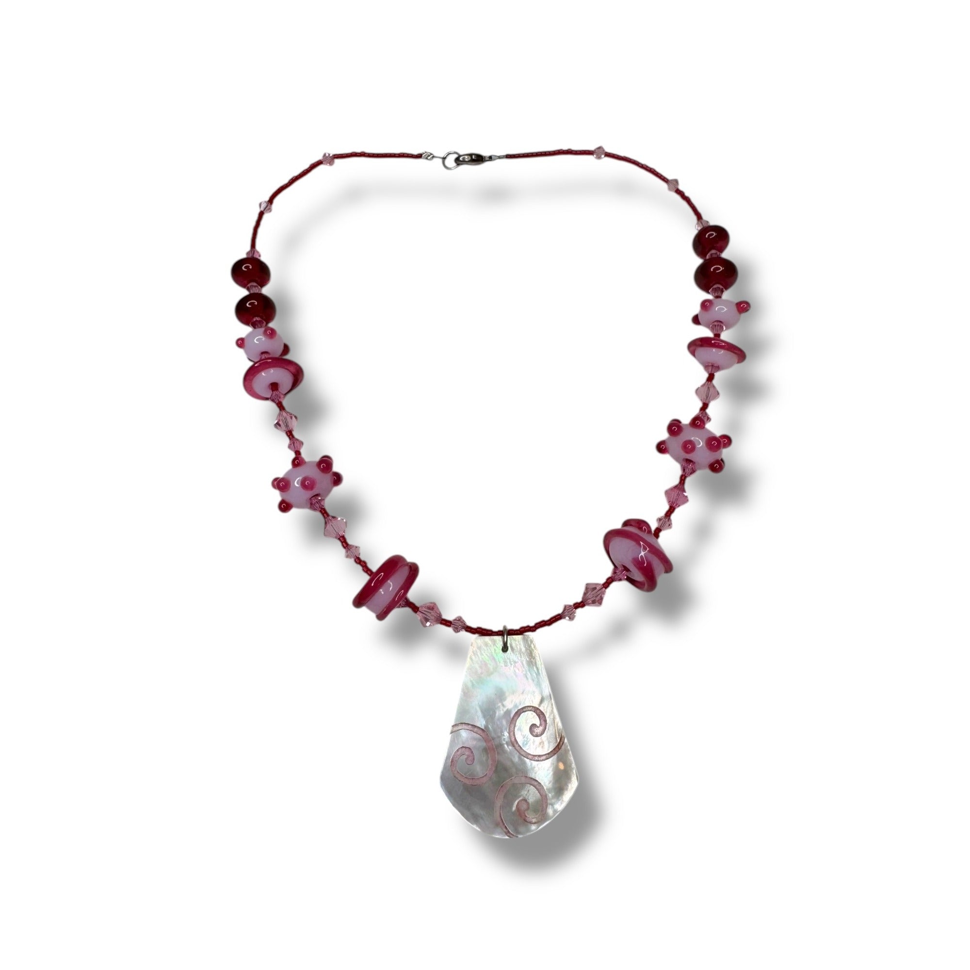 Sterling Silver Pink Red Beaded Necklace Mother Of Pearl Pendant 16.5"