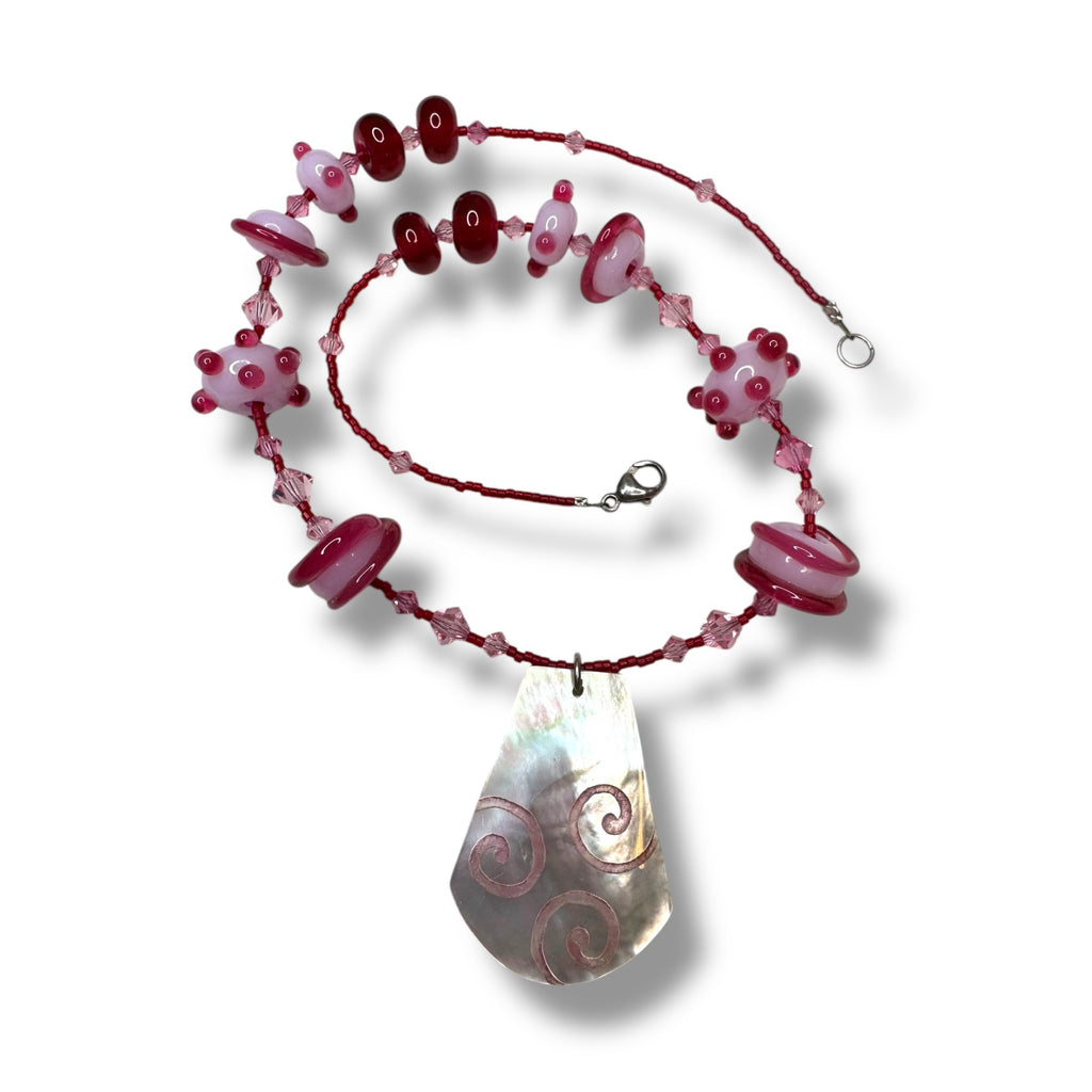 Sterling Silver Pink Red Beaded Necklace Mother Of Pearl Pendant 16.5"