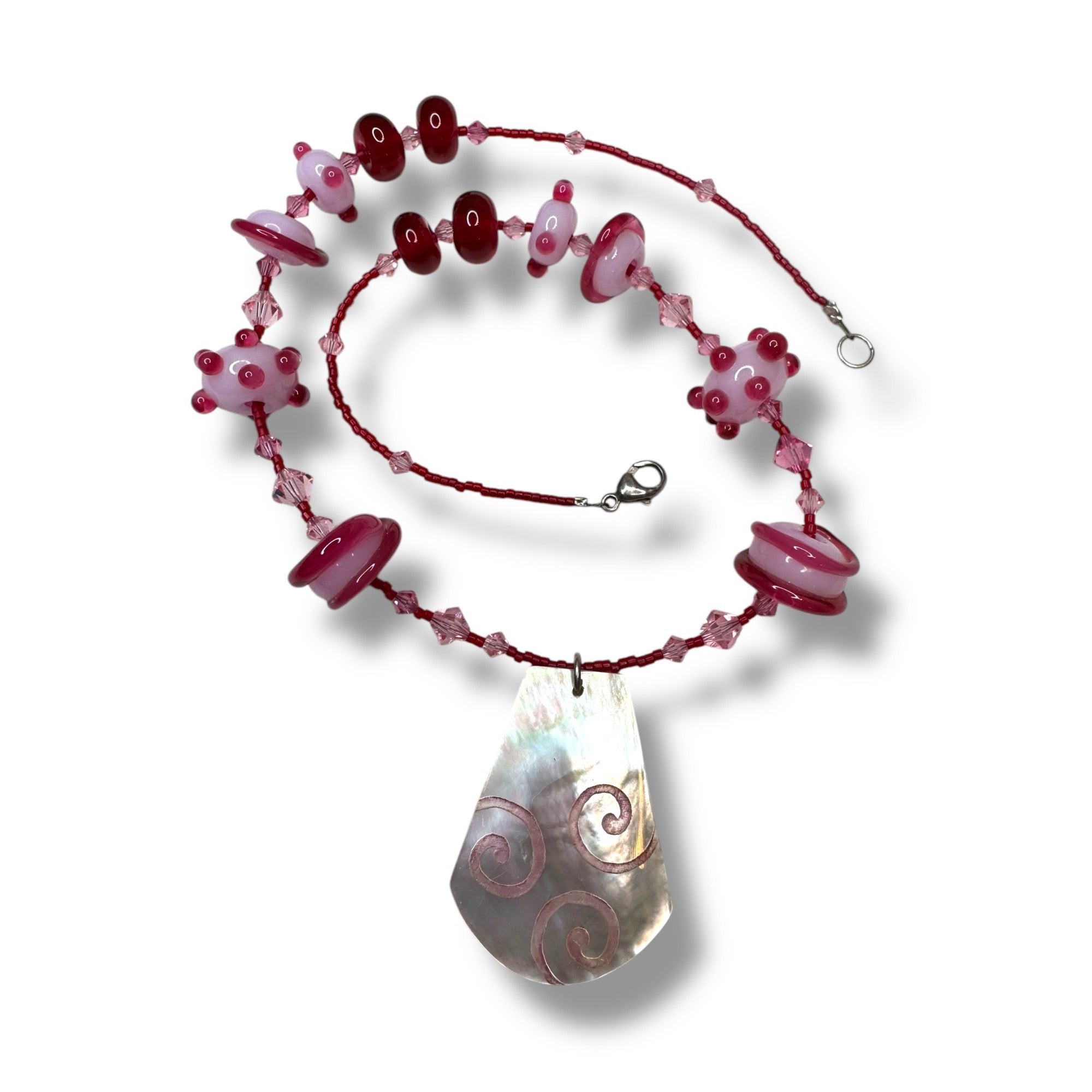 Sterling Silver Pink Red Beaded Necklace Mother Of Pearl Pendant 16.5"