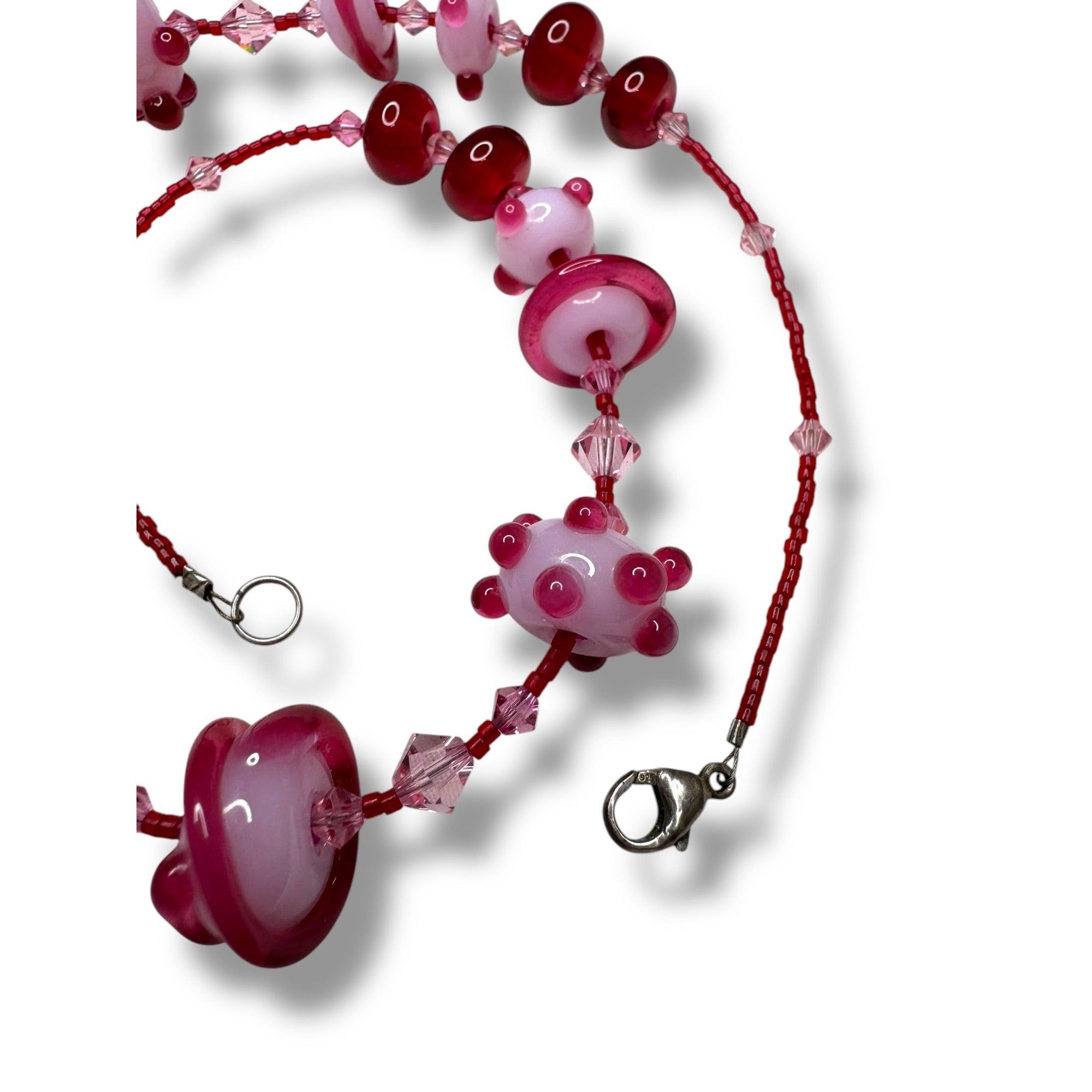 Sterling Silver Pink Red Beaded Necklace Mother Of Pearl Pendant 16.5"
