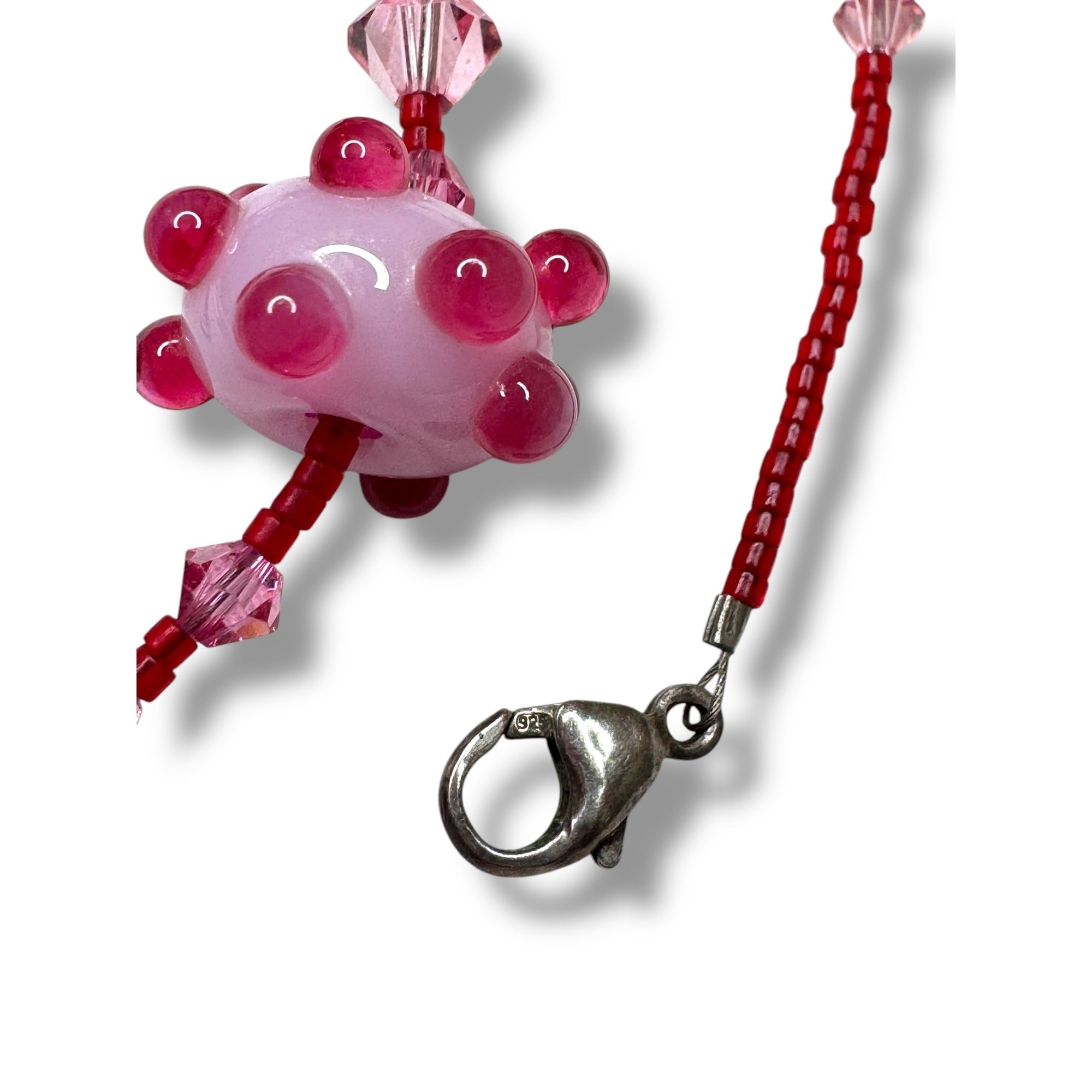 Sterling Silver Pink Red Beaded Necklace Mother Of Pearl Pendant 16.5"