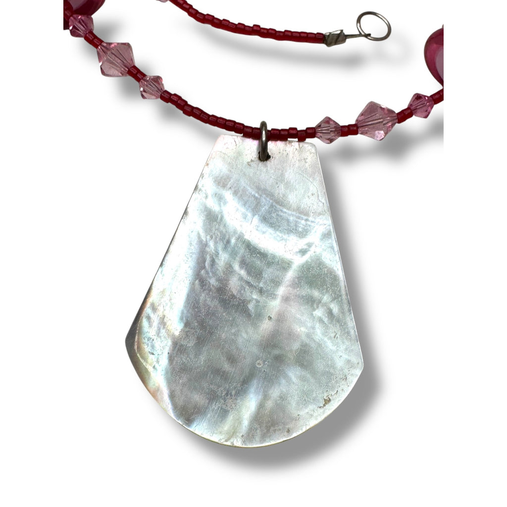 Sterling Silver Pink Red Beaded Necklace Mother Of Pearl Pendant 16.5"