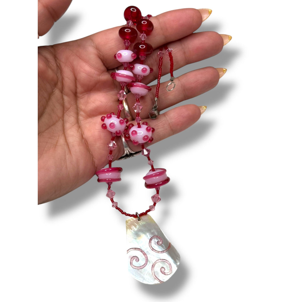 Sterling Silver Pink Red Beaded Necklace Mother Of Pearl Pendant 16.5"