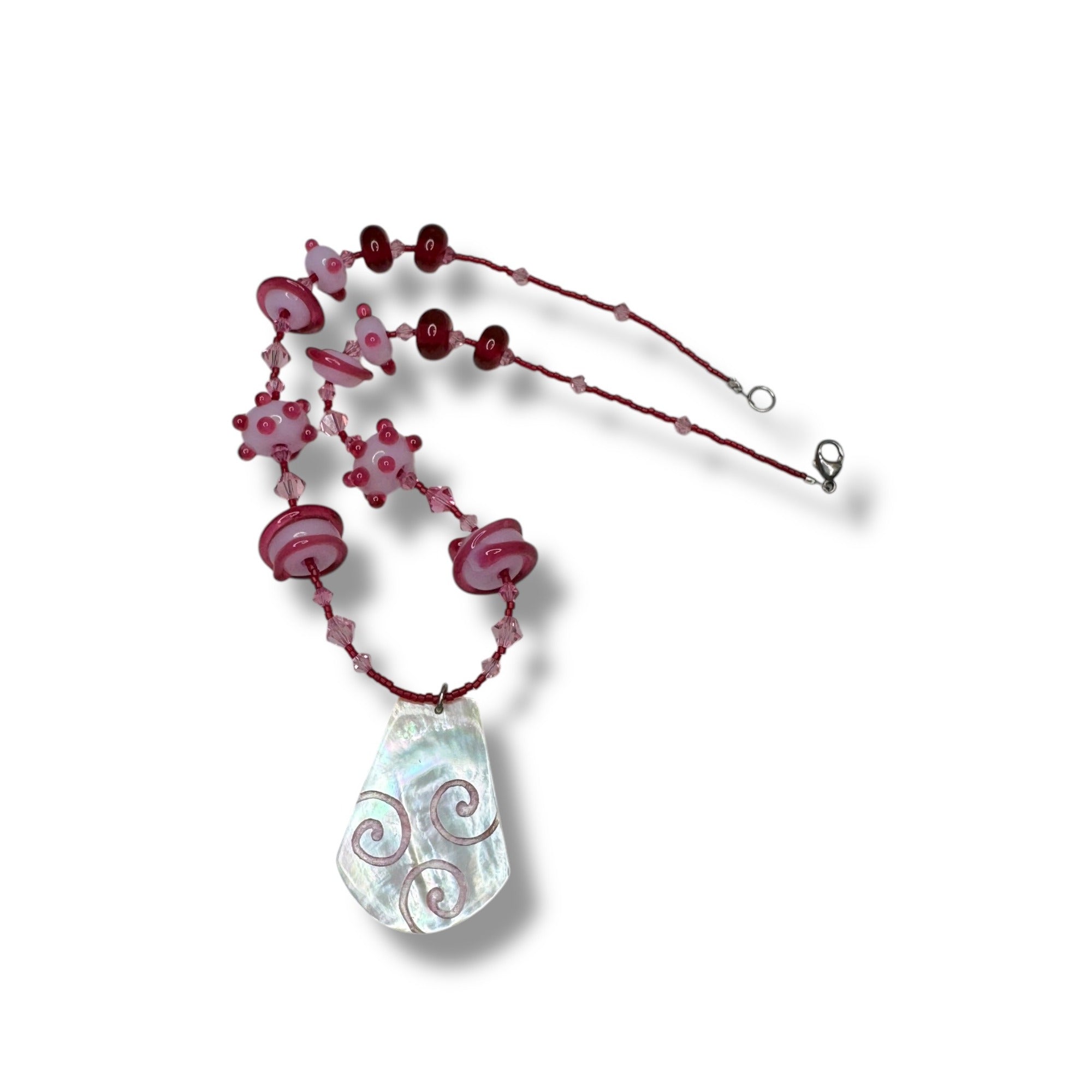 Sterling Silver Pink Red Beaded Necklace Mother Of Pearl Pendant 16.5"