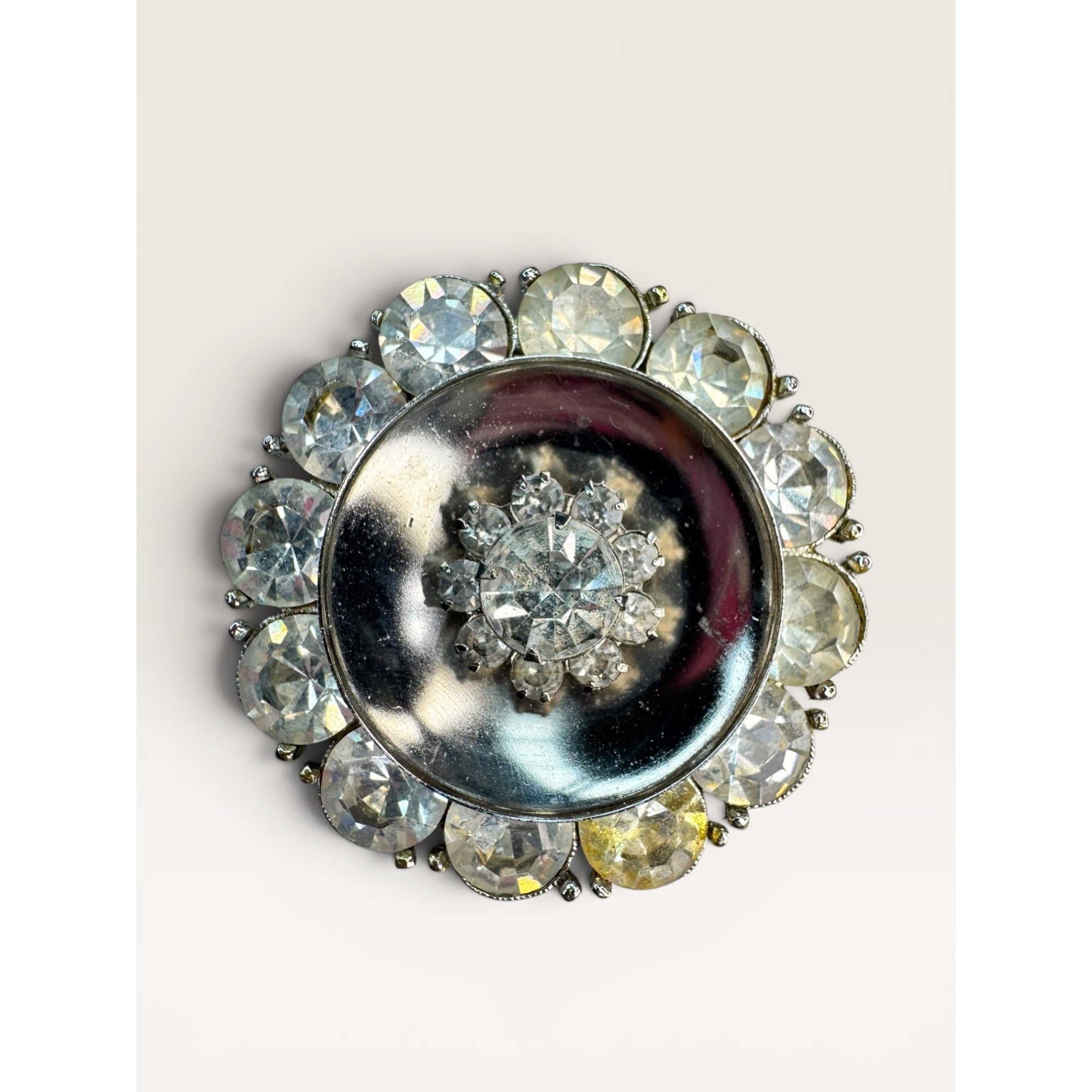 Clear Rhinestone Domed Silver Tone Atomic Brooch Pin Unsigned Vintage