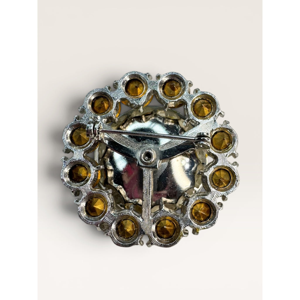 Clear Rhinestone Domed Silver Tone Atomic Brooch Pin Unsigned Vintage