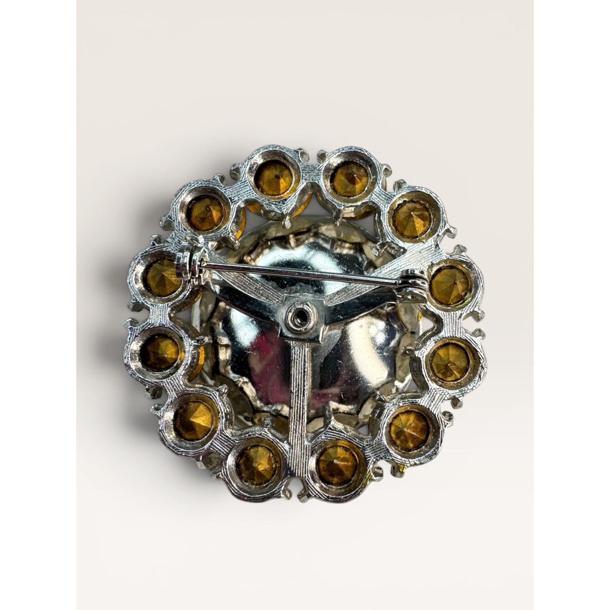 Clear Rhinestone Domed Silver Tone Atomic Brooch Pin Unsigned Vintage