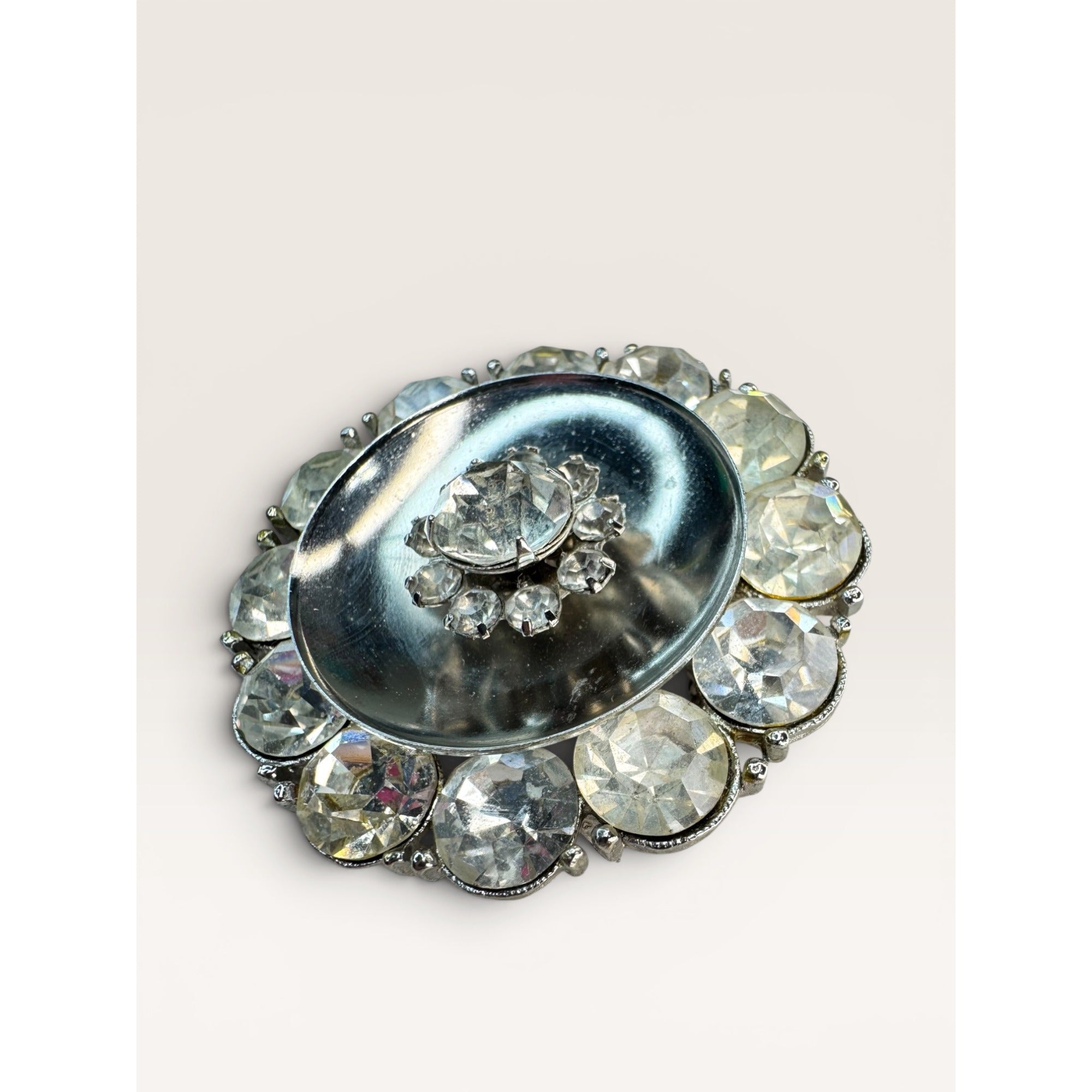 Clear Rhinestone Domed Silver Tone Atomic Brooch Pin Unsigned Vintage