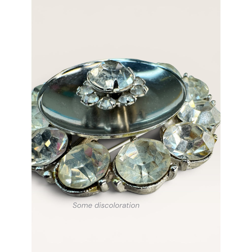 Clear Rhinestone Domed Silver Tone Atomic Brooch Pin Unsigned Vintage