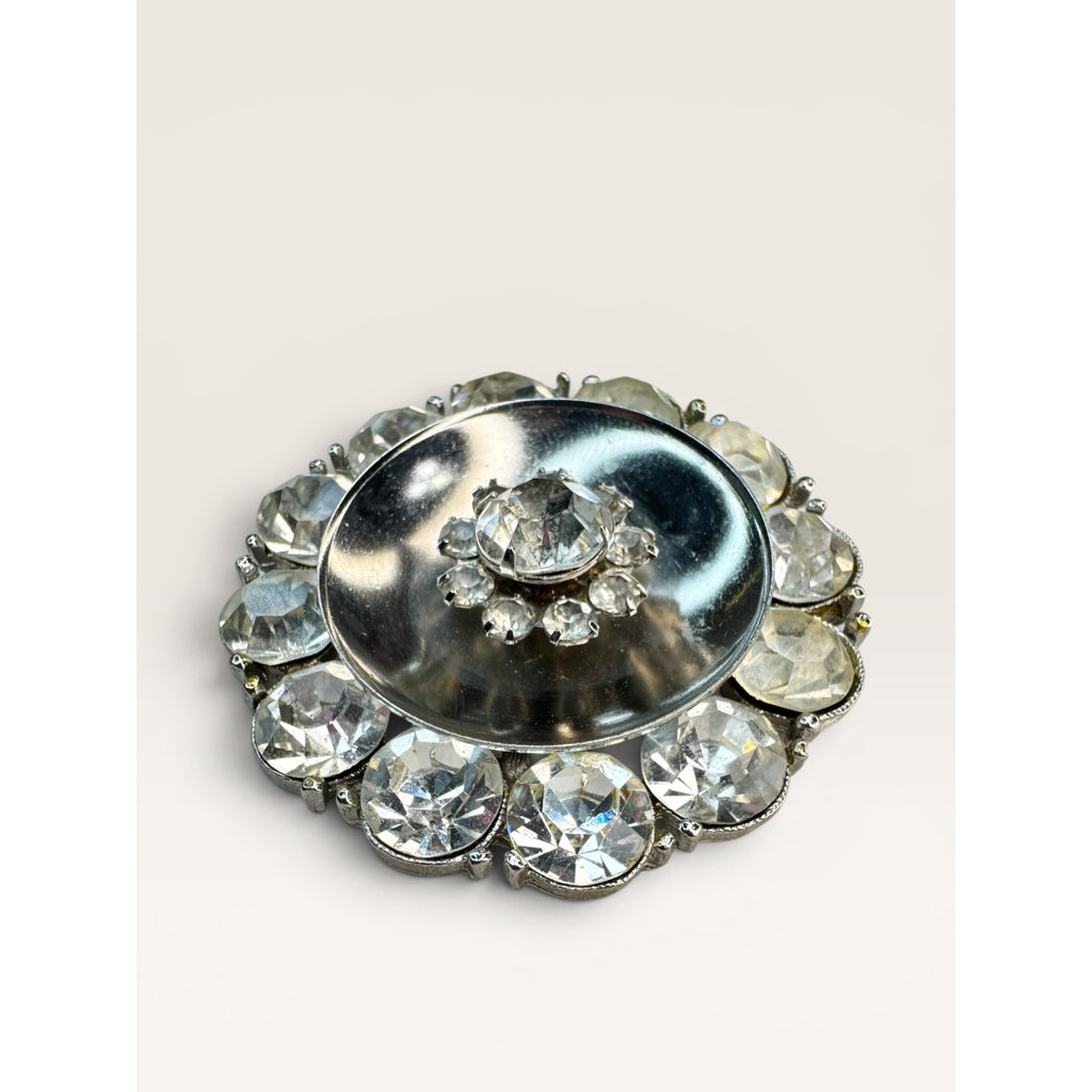 Clear Rhinestone Domed Silver Tone Atomic Brooch Pin Unsigned Vintage