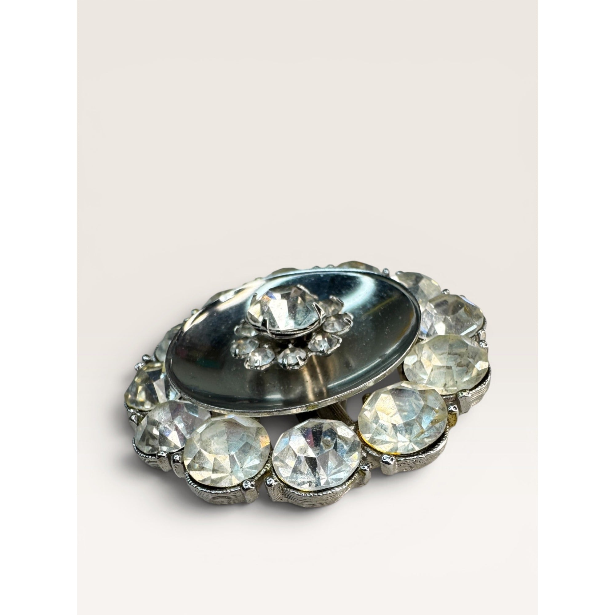 Clear Rhinestone Domed Silver Tone Atomic Brooch Pin Unsigned Vintage