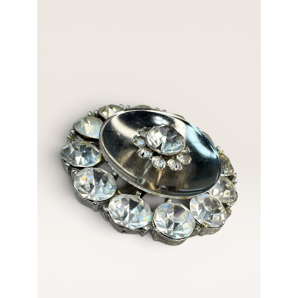 Clear Rhinestone Domed Silver Tone Atomic Brooch Pin Unsigned Vintage