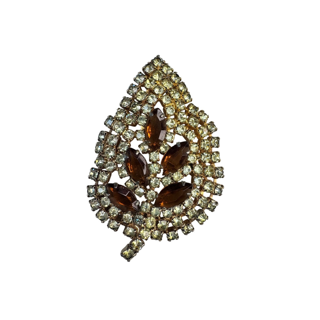 Gold Tone Leaf Brooch Yellow Chatons Brown Glass Navettes Vintage