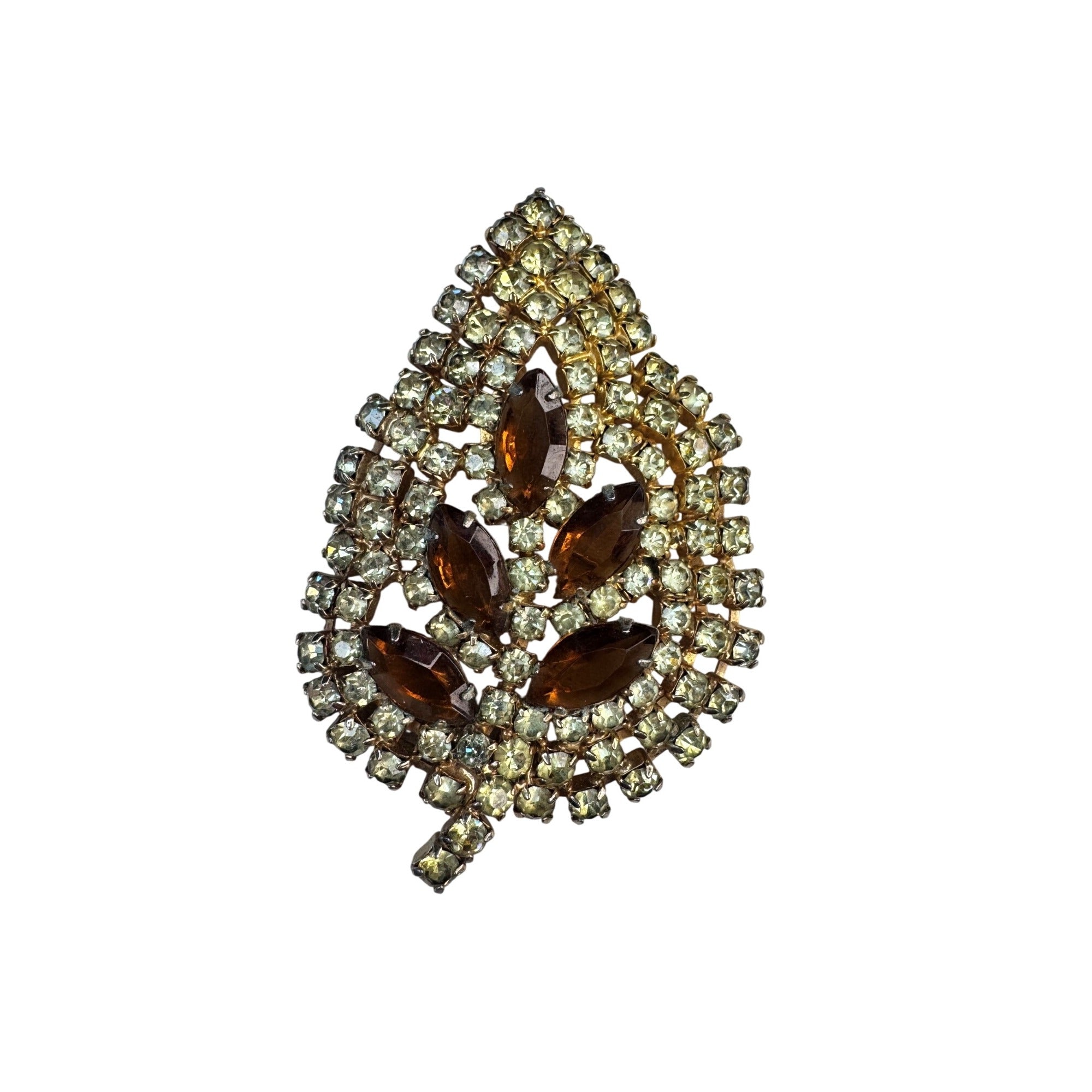 Gold Tone Leaf Brooch Yellow Chatons Brown Glass Navettes Vintage
