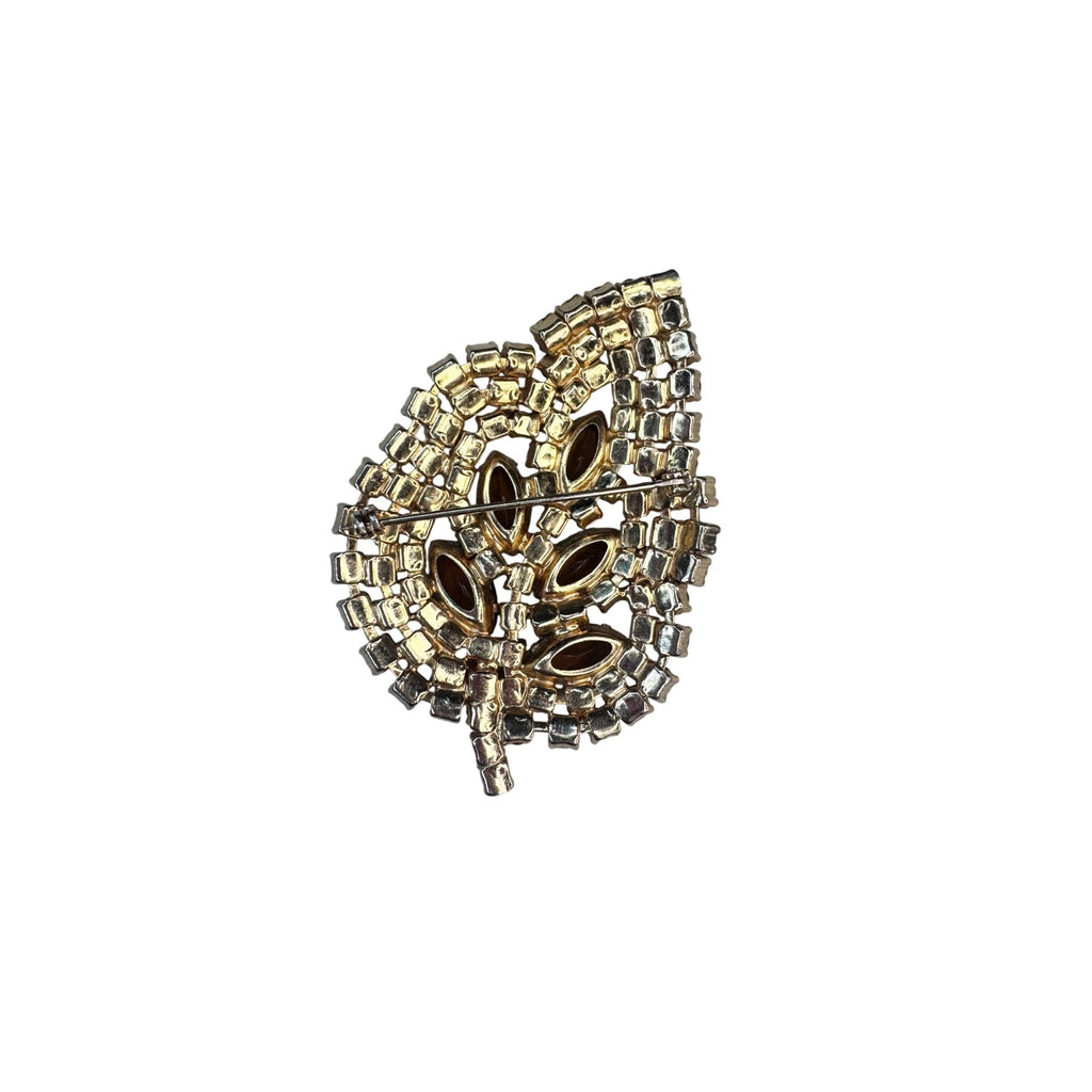 Gold Tone Leaf Brooch Yellow Chatons Brown Glass Navettes Vintage