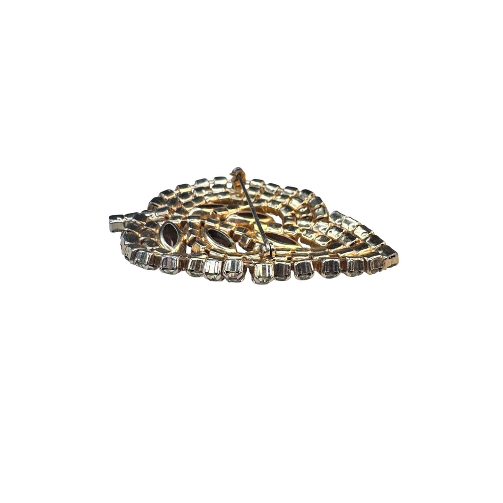 Gold Tone Leaf Brooch Yellow Chatons Brown Glass Navettes Vintage