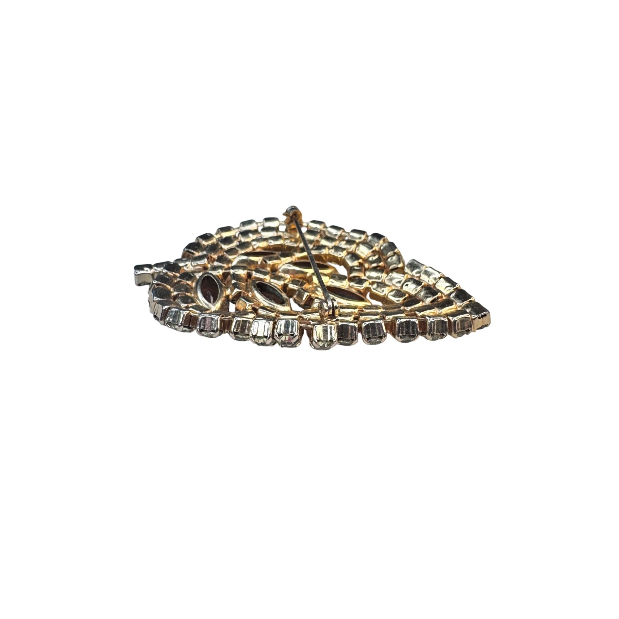 Gold Tone Leaf Brooch Yellow Chatons Brown Glass Navettes Vintage