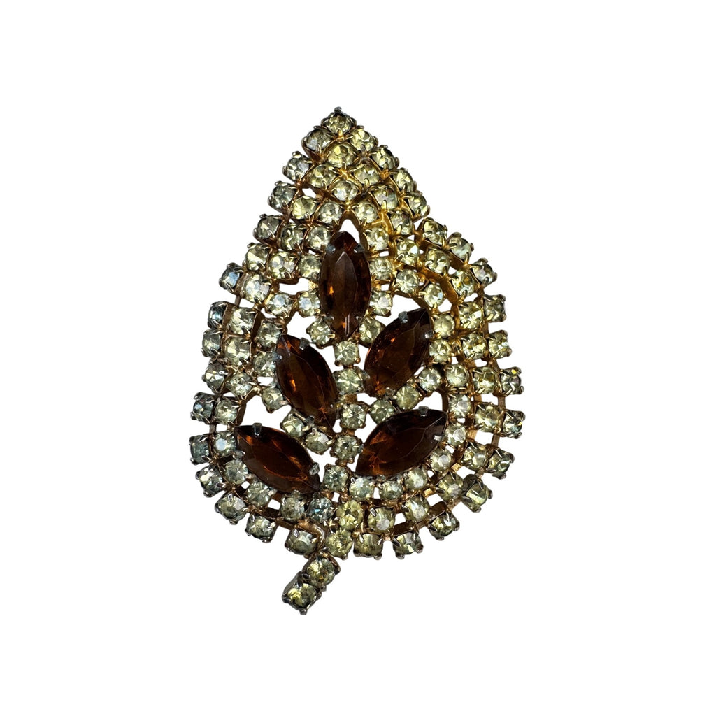 Gold Tone Leaf Brooch Yellow Chatons Brown Glass Navettes Vintage