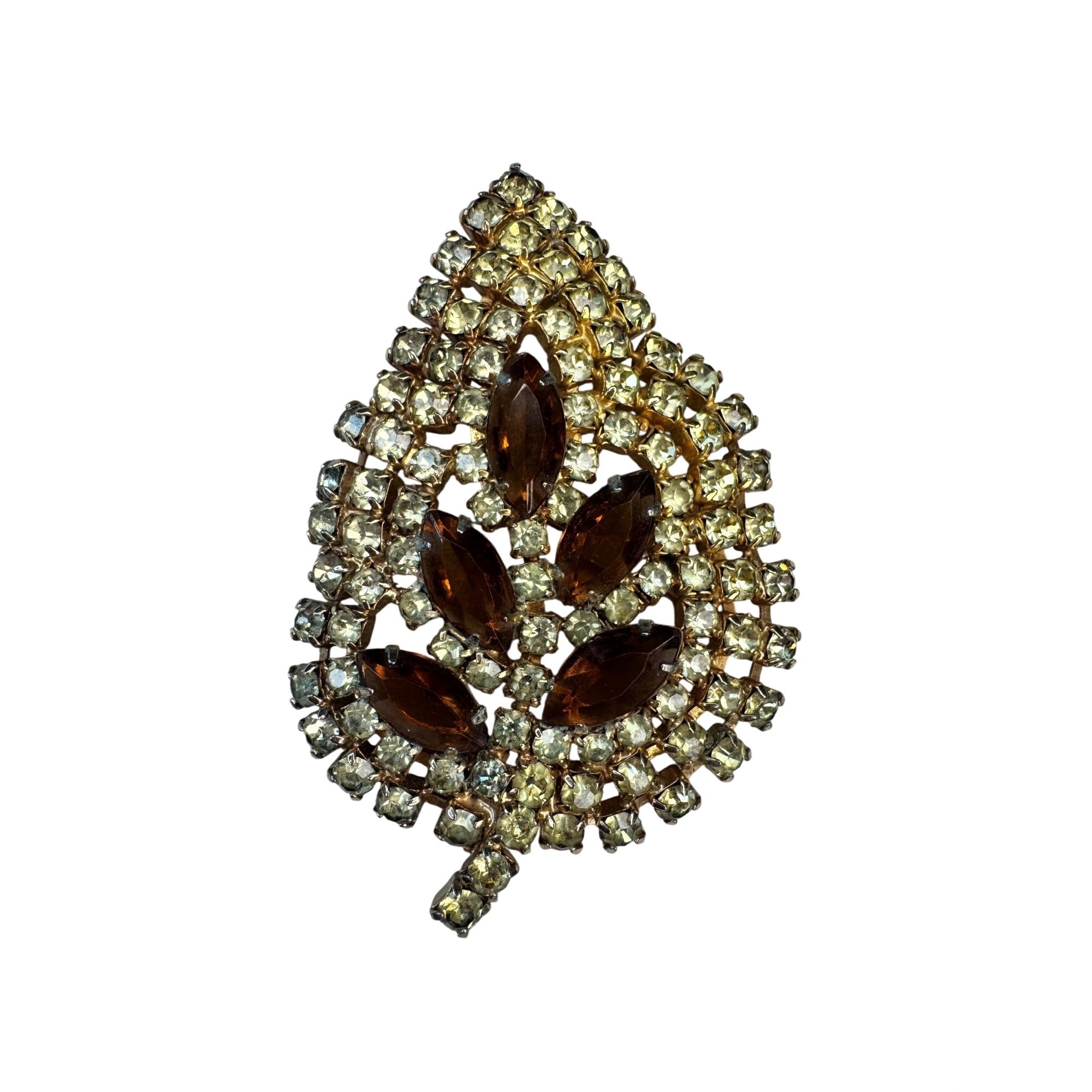 Gold Tone Leaf Brooch Yellow Chatons Brown Glass Navettes Vintage