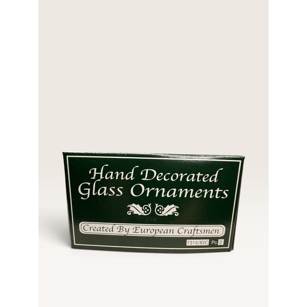European Craftsmen Hand Decorated Glass Ornaments Red Green Scroll Set of 2 New