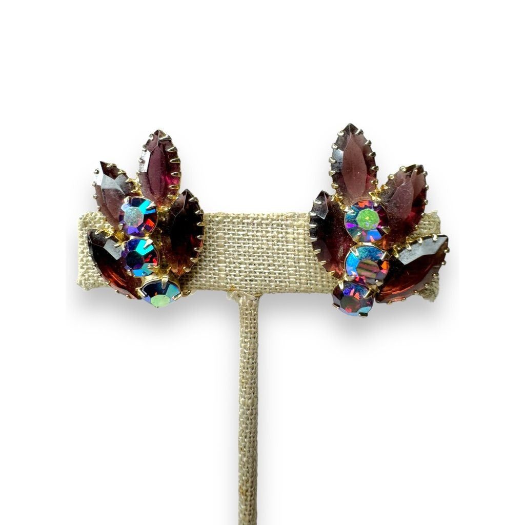 Vintage Gold Tone Purple AB Crystal Clip On Earrings