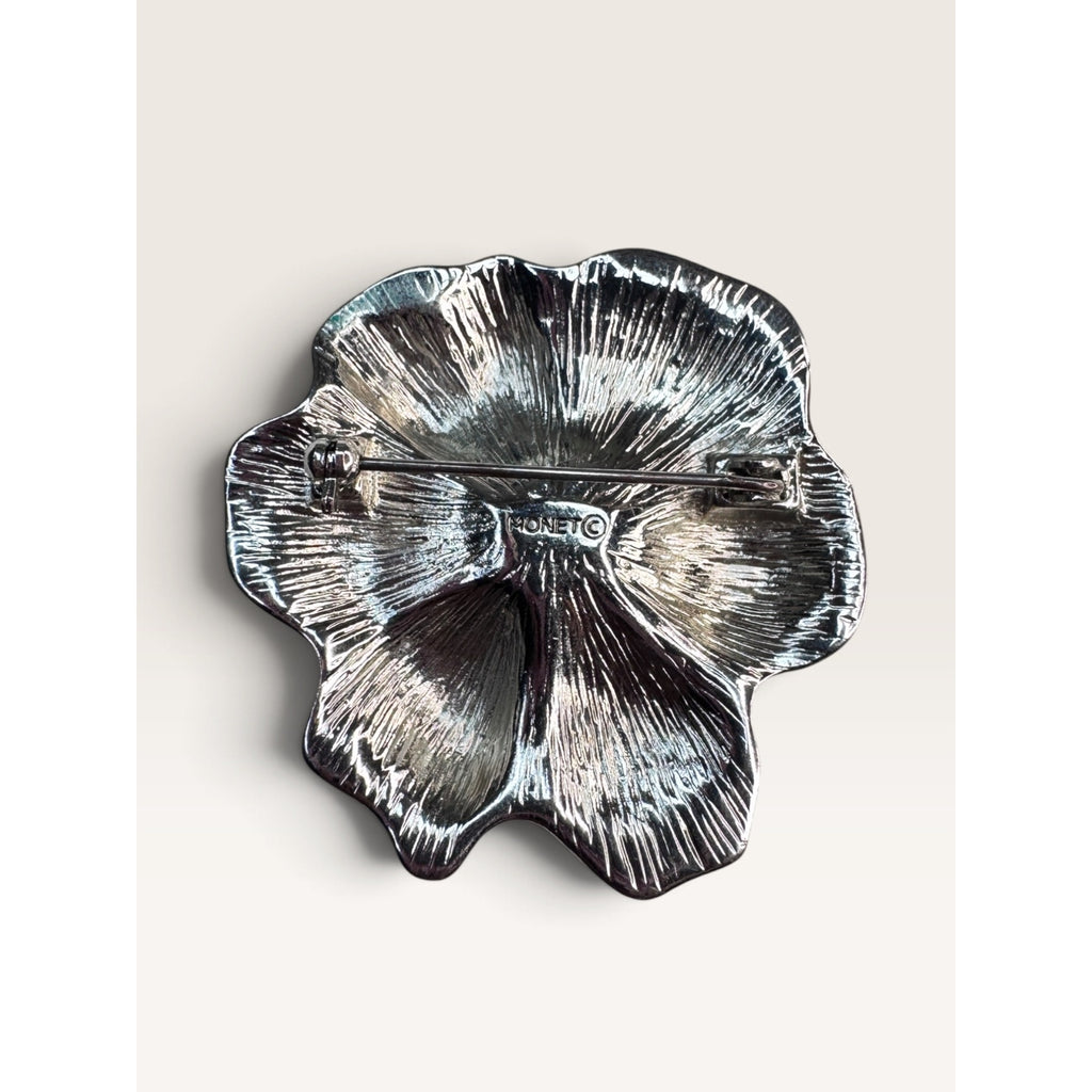 Monet Silver Tone Textured Pansy Flower Brooch Pin Vintage 1980s