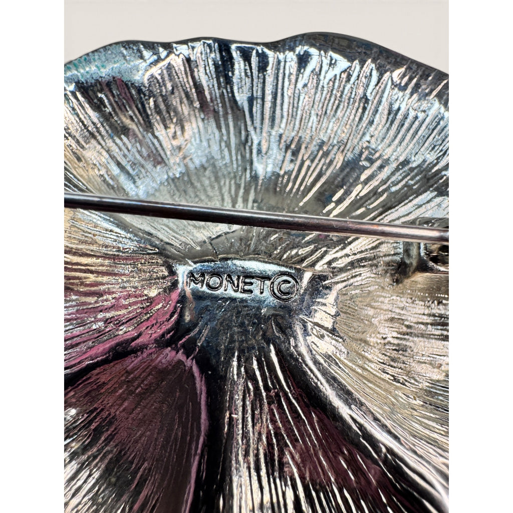 Monet Silver Tone Textured Pansy Flower Brooch Pin Vintage 1980s