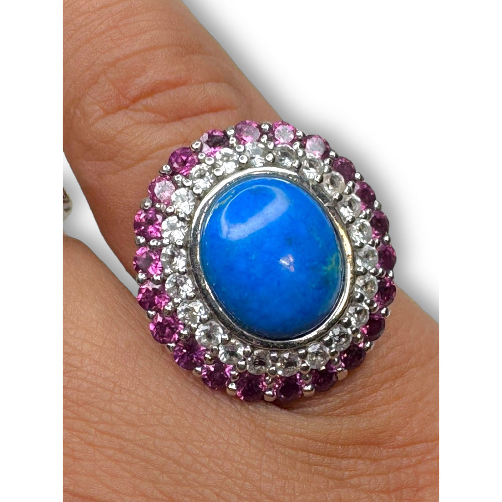 Sterling Silver Pink Tourmaline White Spinel Lapis Ring Size 6.25