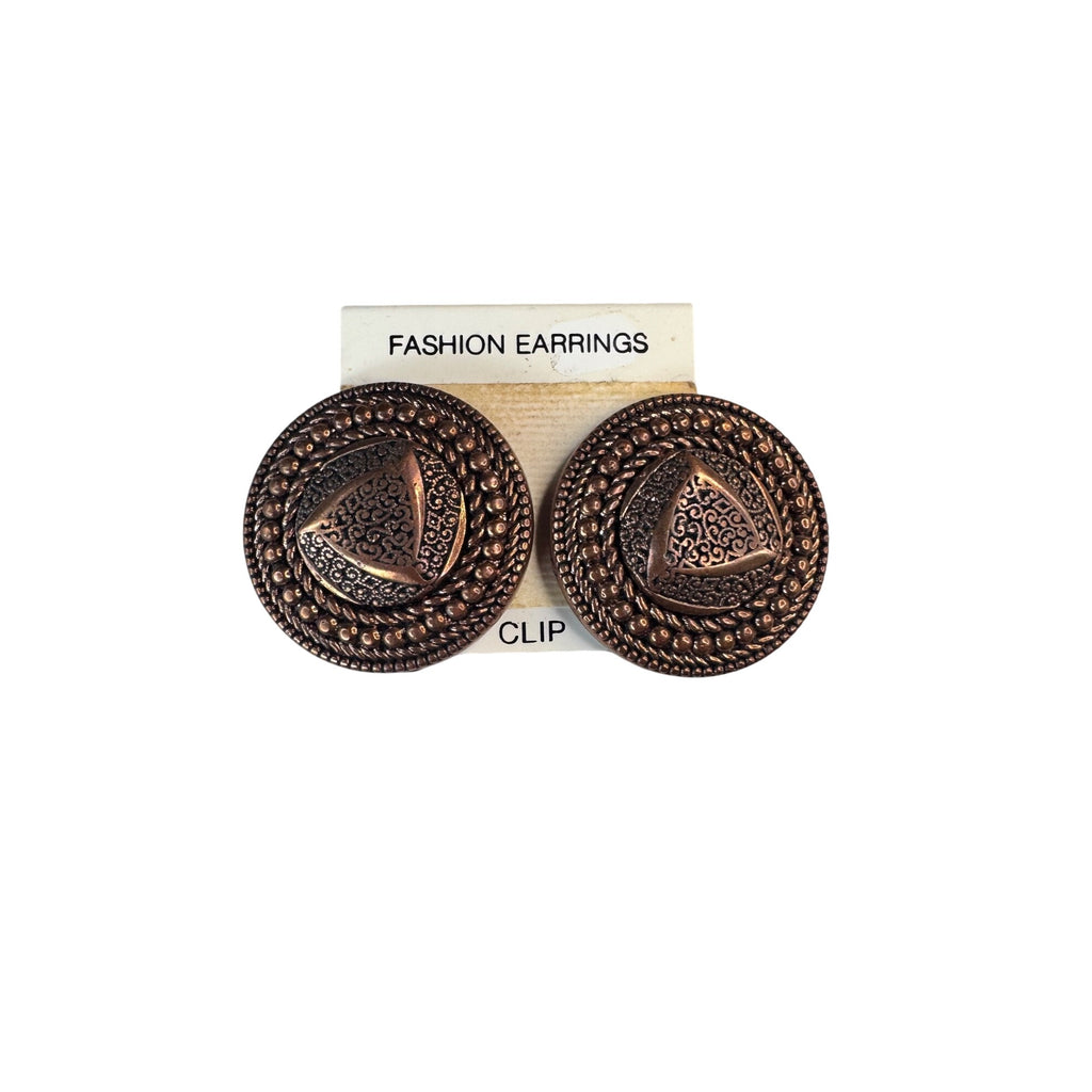Unsigned Clip On Earrings Copper Tone Medallion 1990s Vintage