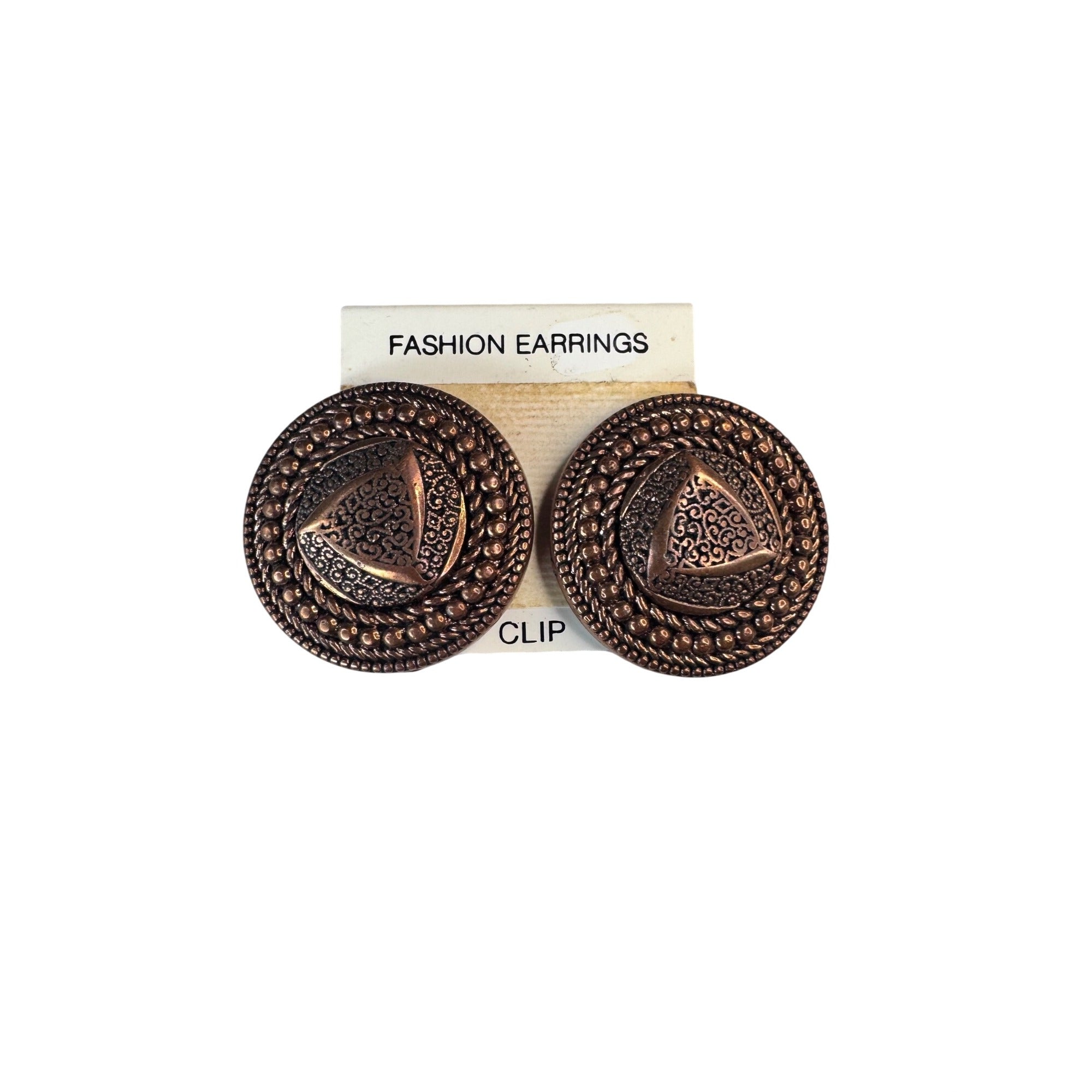 Unsigned Clip On Earrings Copper Tone Medallion 1990s Vintage