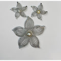 Sarah Coventry Silver Tone Flower Brooch Earrings Set Faux Pearl Vintage 1970s