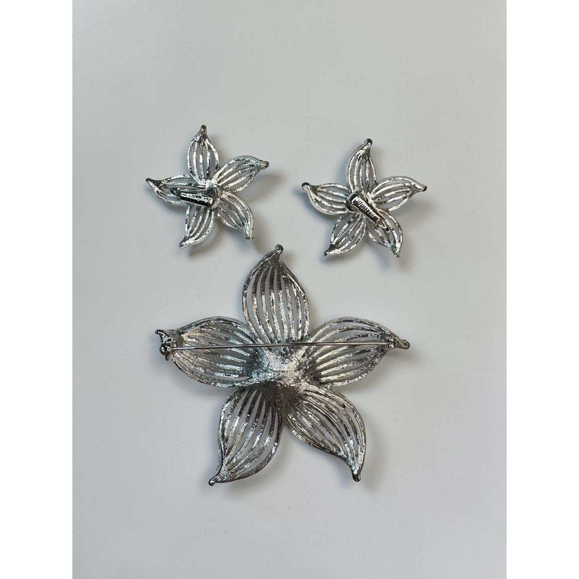 Sarah Coventry Silver Tone Flower Brooch Earrings Set Faux Pearl Vintage 1970s