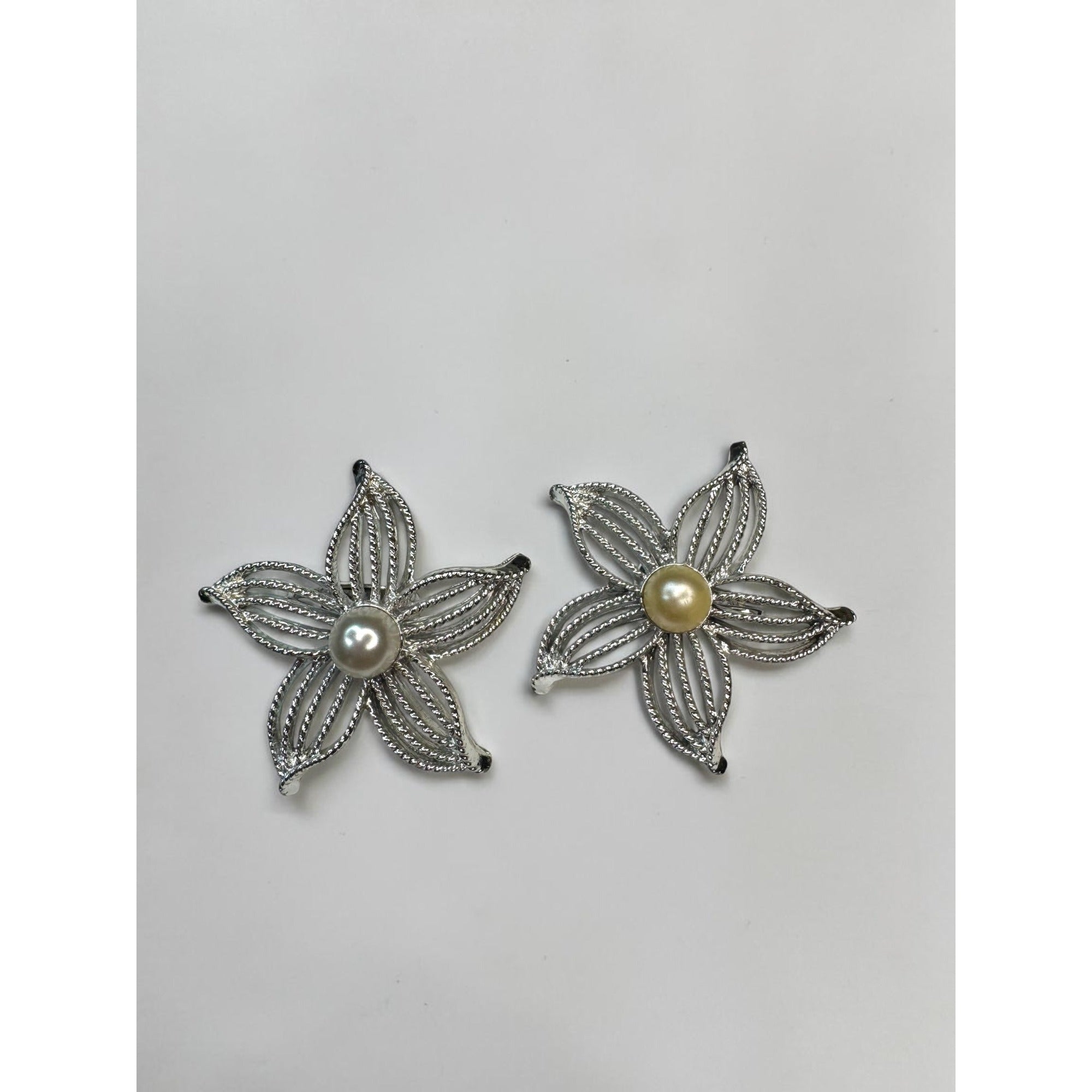 Sarah Coventry Silver Tone Flower Brooch Earrings Set Faux Pearl Vintage 1970s
