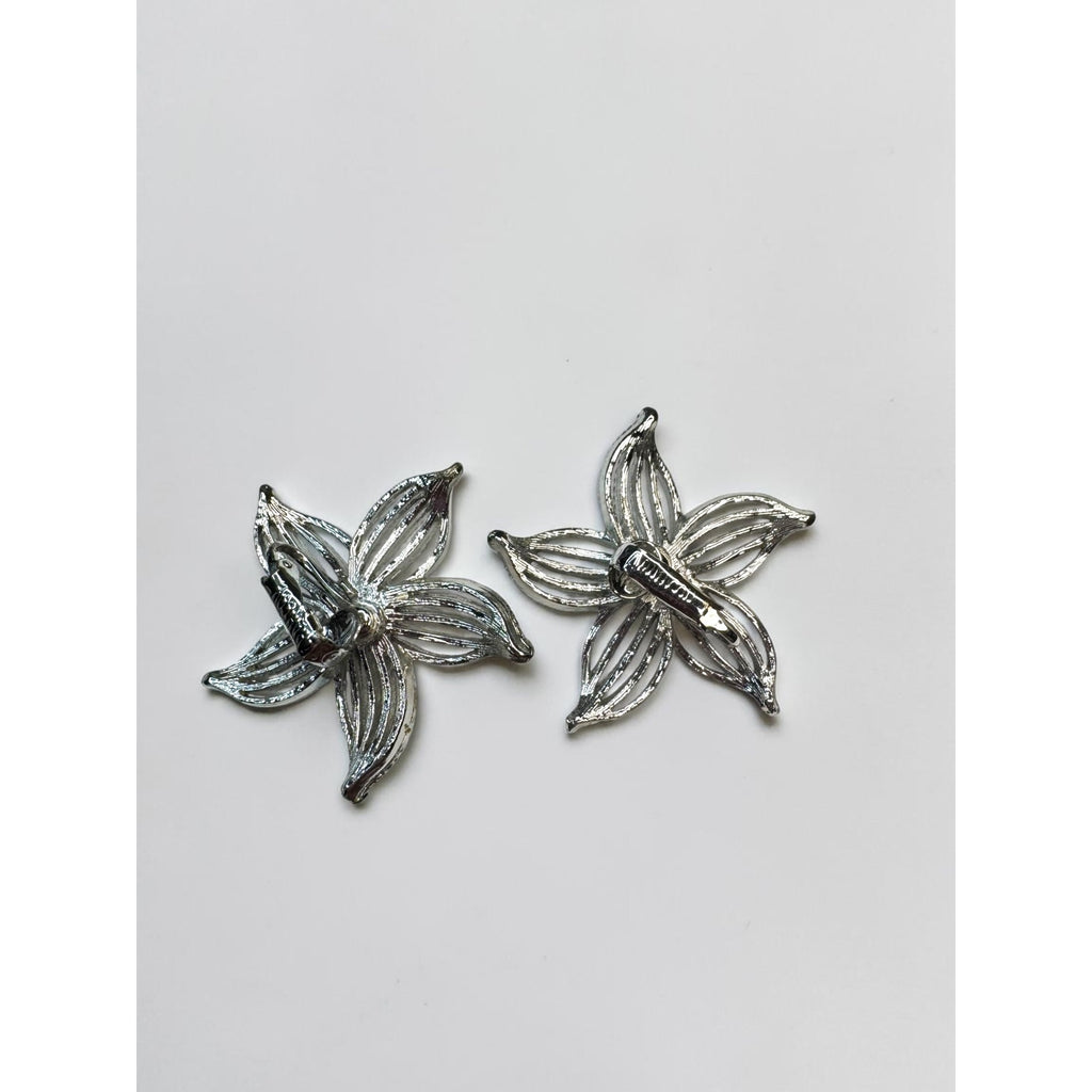 Sarah Coventry Silver Tone Flower Brooch Earrings Set Faux Pearl Vintage 1970s