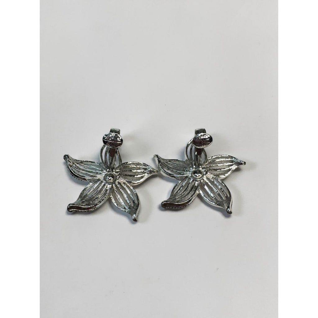 Sarah Coventry Silver Tone Flower Brooch Earrings Set Faux Pearl Vintage 1970s