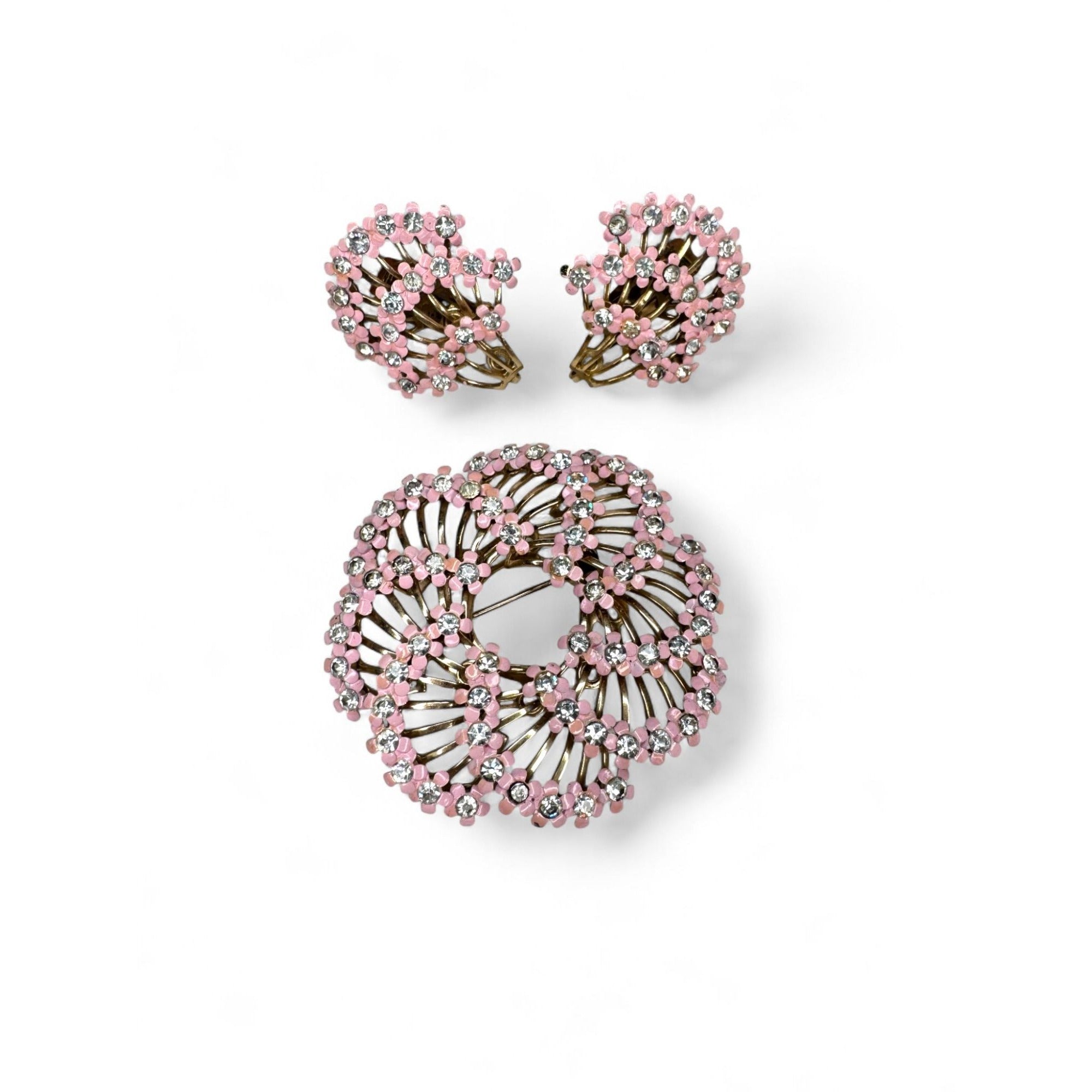Vintage Pink Enamel Clear Rhinestone Floral Brooch Clip On Earrings Set