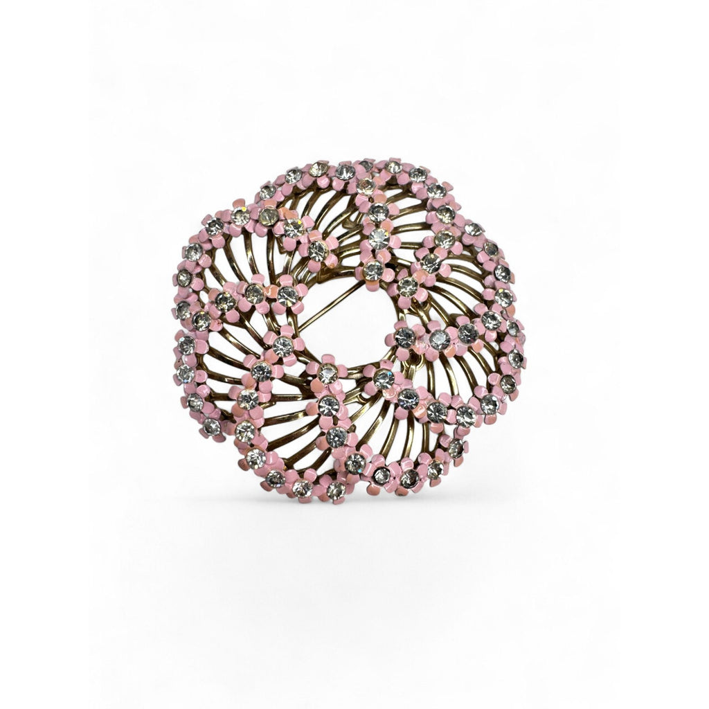 Vintage Pink Enamel Clear Rhinestone Floral Brooch Clip On Earrings Set