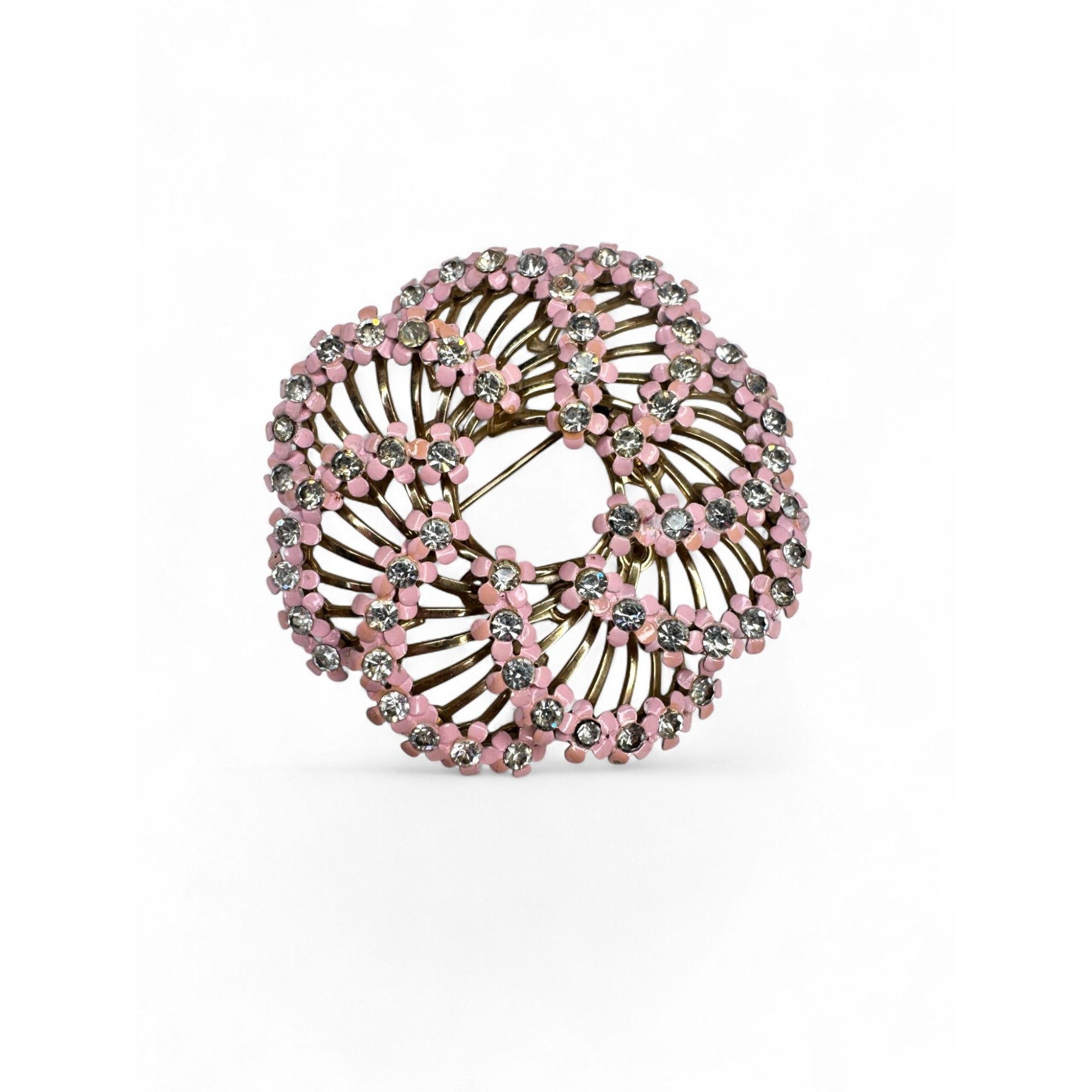 Vintage Pink Enamel Clear Rhinestone Floral Brooch Clip On Earrings Set